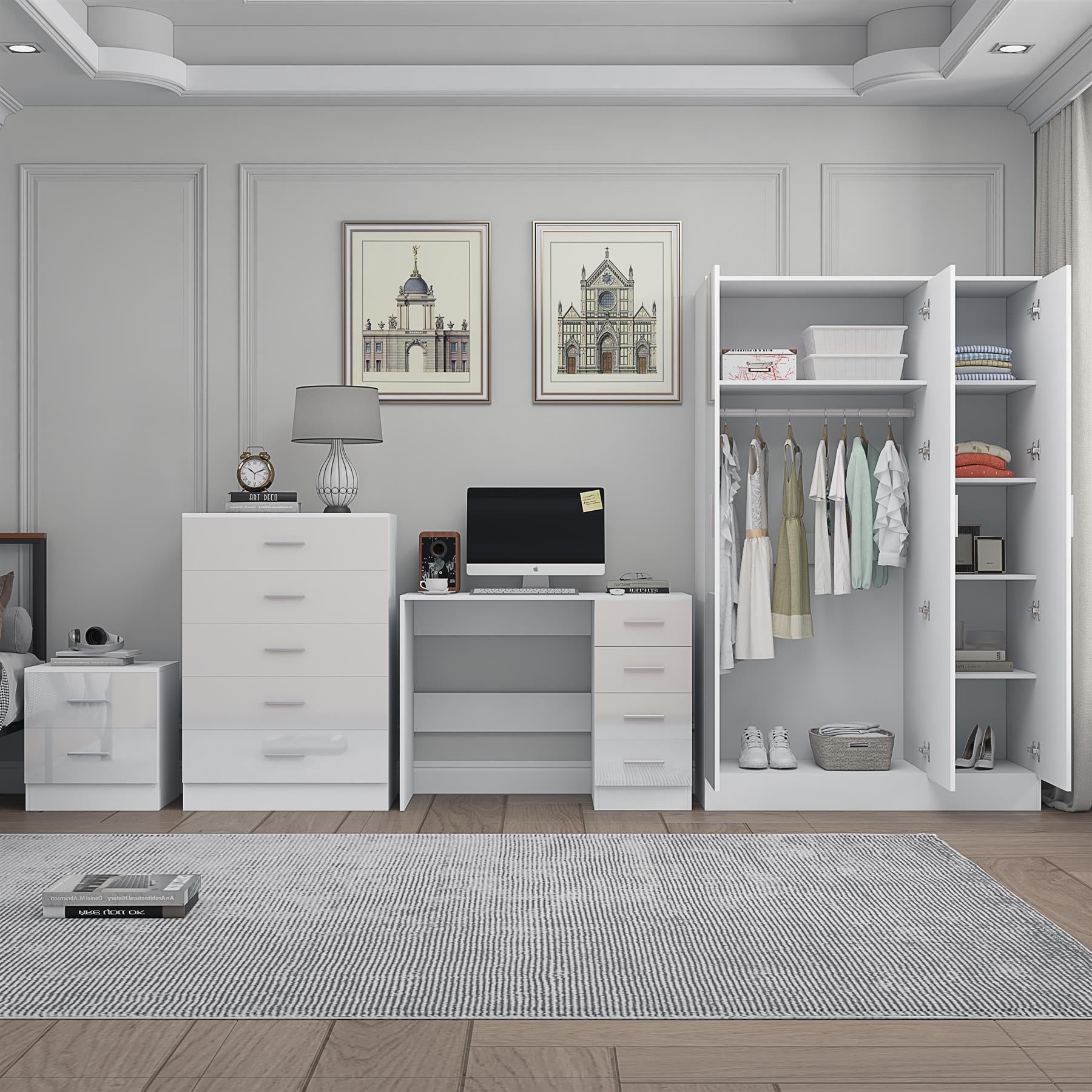 REFLECT Gloss 4pc Set - 3 Door Mirrored Wardrobe + 5 Draw Chest + Bedside + Desk