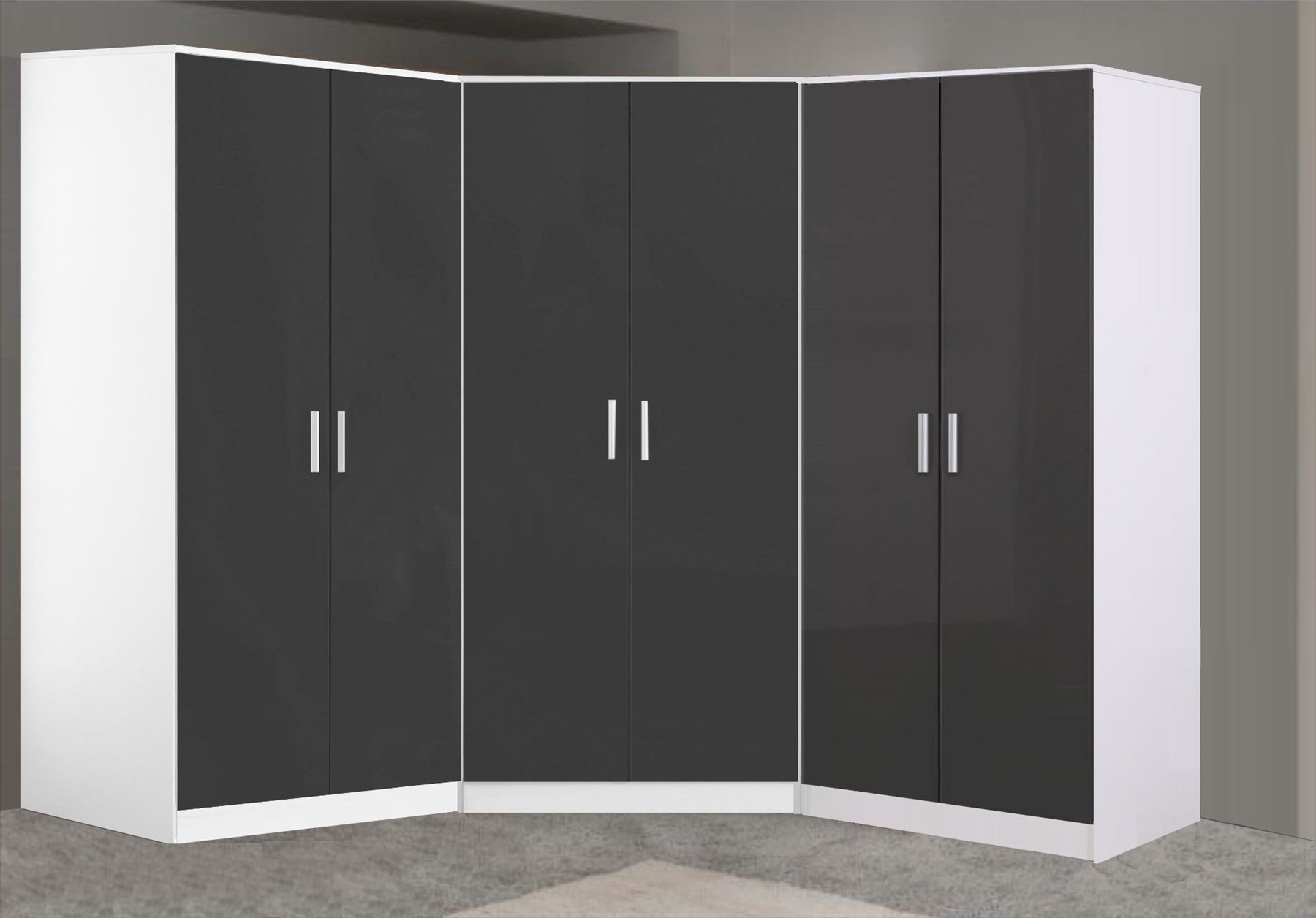 Reflect 3pc Wardrobe Bundle - 2 Door Corner + 2x 2 Door Plain - Grey Gloss & Matt White - H: 180cm x W: 179cm x D: 103cm