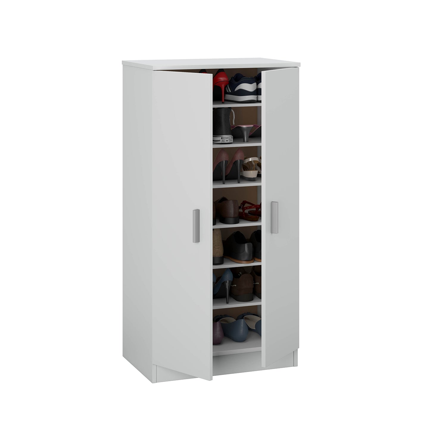 BELLINI White 2 Door Shoe Storage Cabinet - 6 Shelves Holds 20 Pairs - Space-Saving Design - H: 108cm x W: 55cm x D: 36cm.