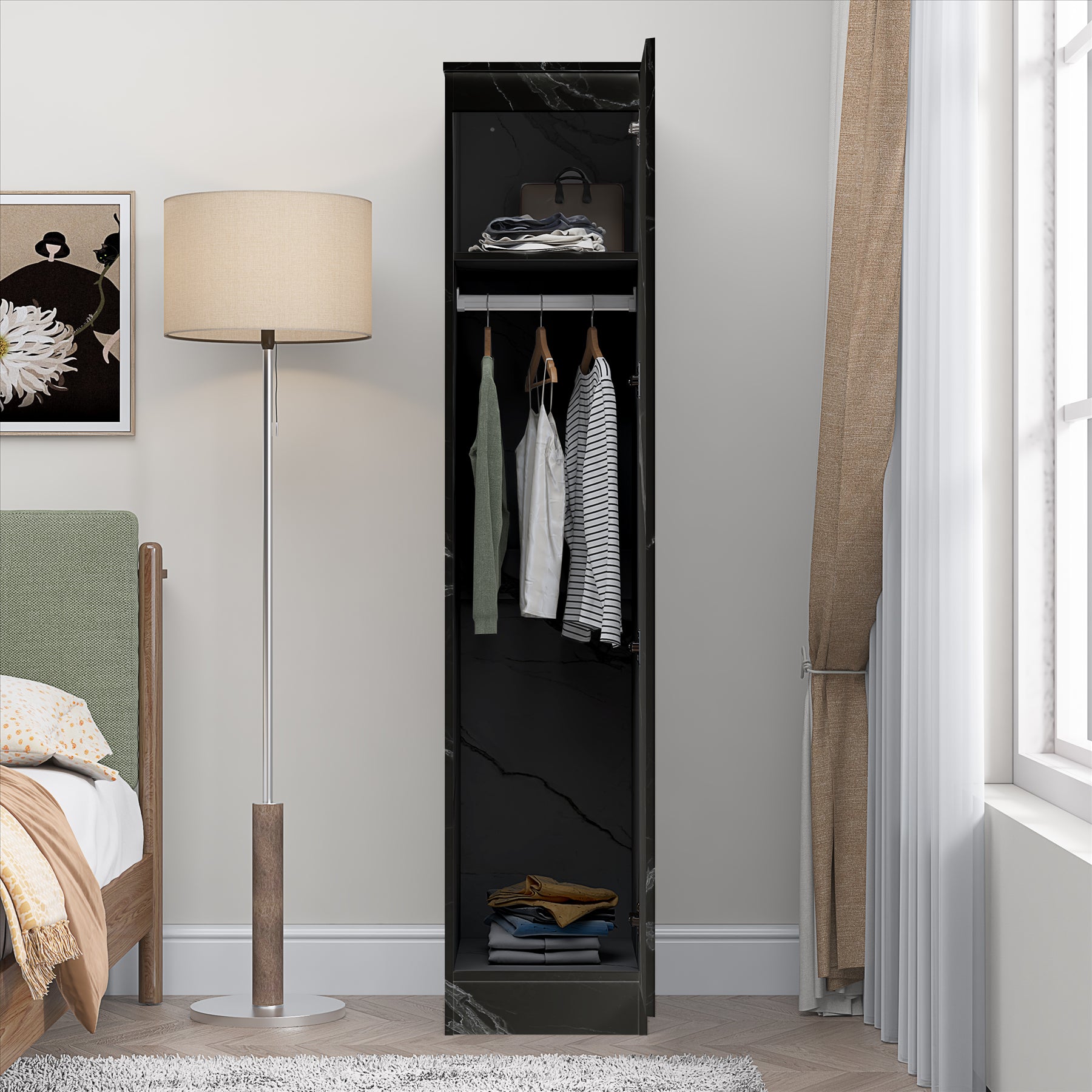 ZITA Compact 1-Door Wardrobe in Grey Marble Effect - Bedroom Storage, (L) 50cm x (W) 37.5cm x (H) 180cm, Stylish and Space-Saving