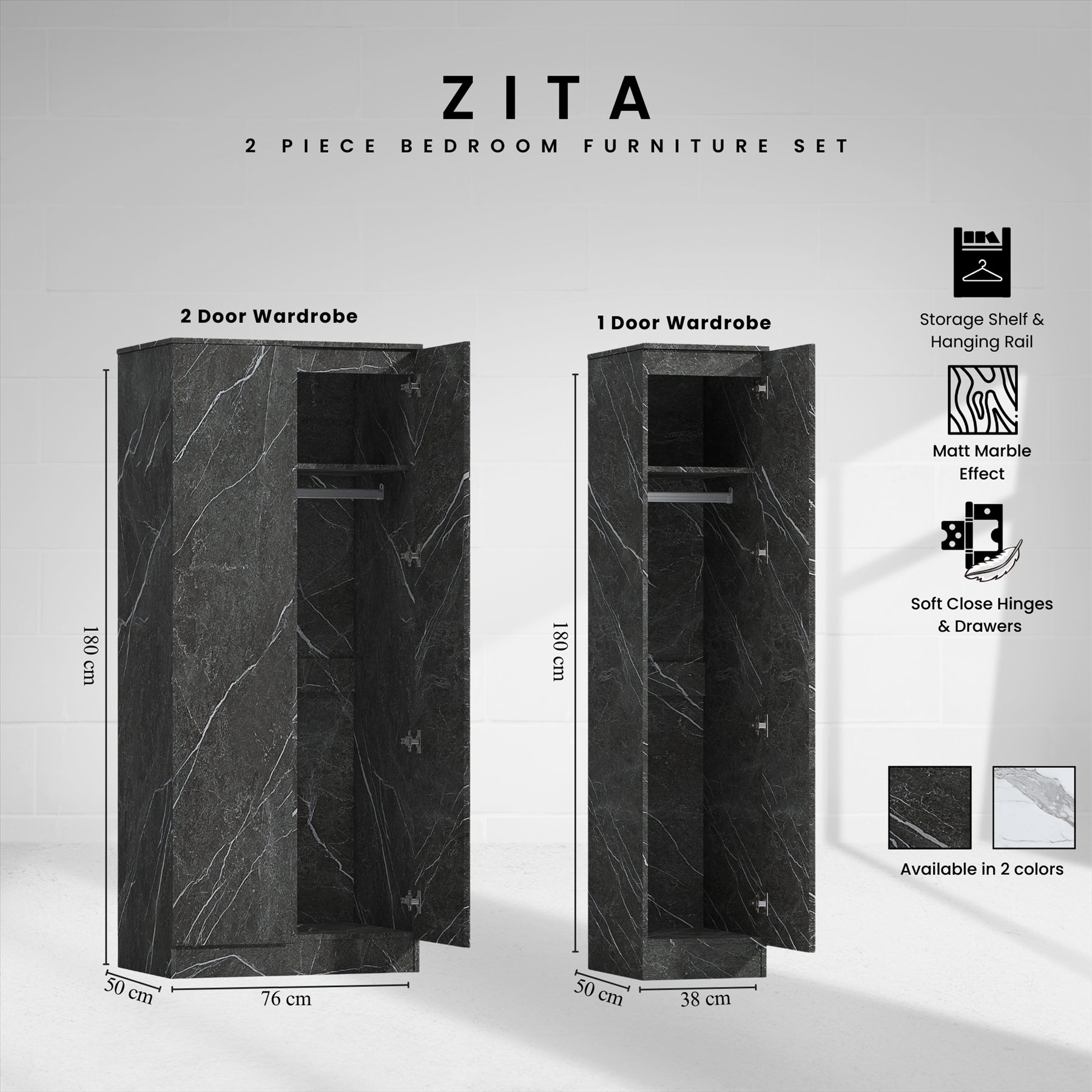 ZITA Grey Marble Effect 2 Piece Wardrobe Set - 2 Door and 1 Door, Spacious Bedroom Storage Solutions.