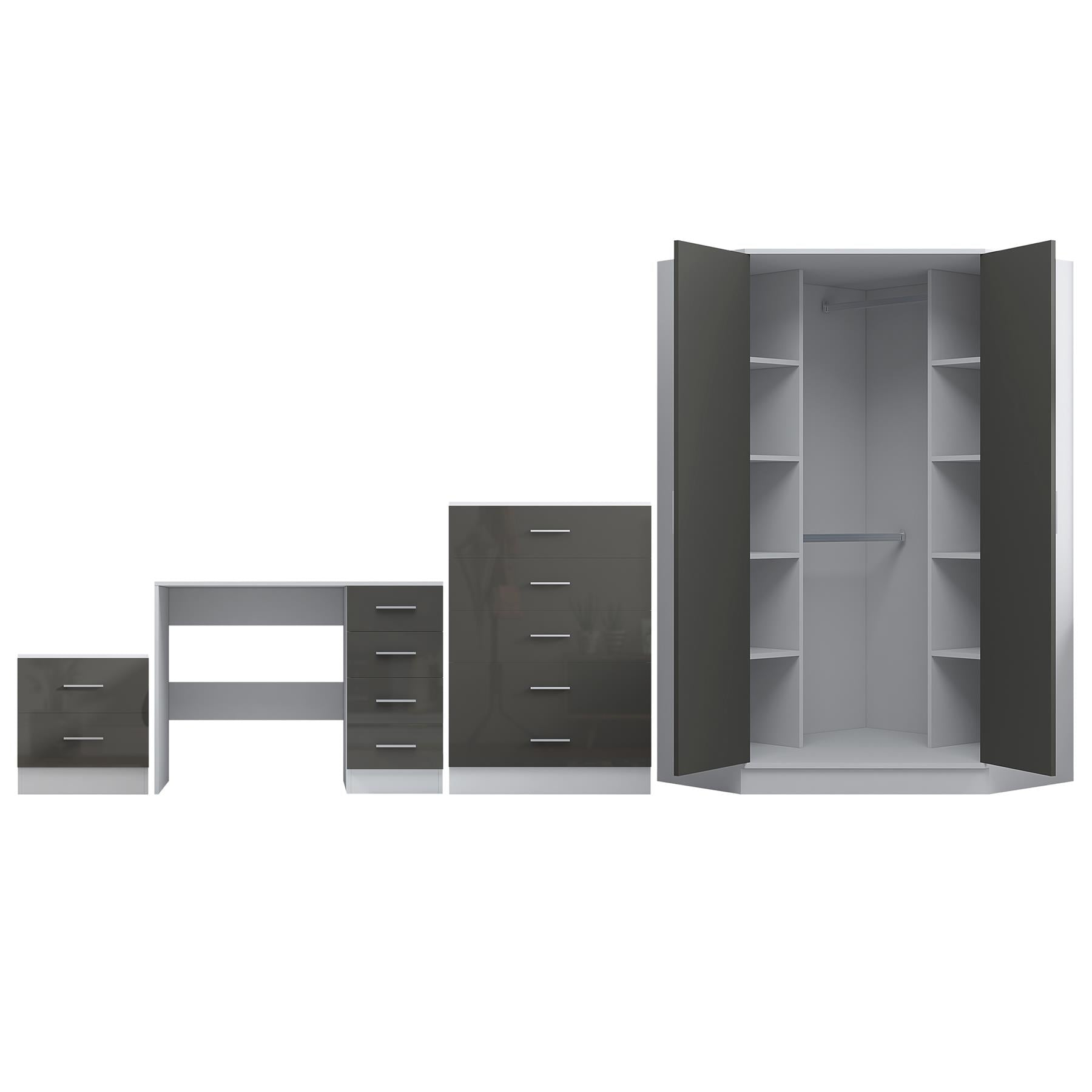 Reflect 2 Door Corner Wardrobe, 5 Drawer Chest, 2 Drawer Bedside & Desk - Grey Gloss & Matt White - Bedroom Furniture Set