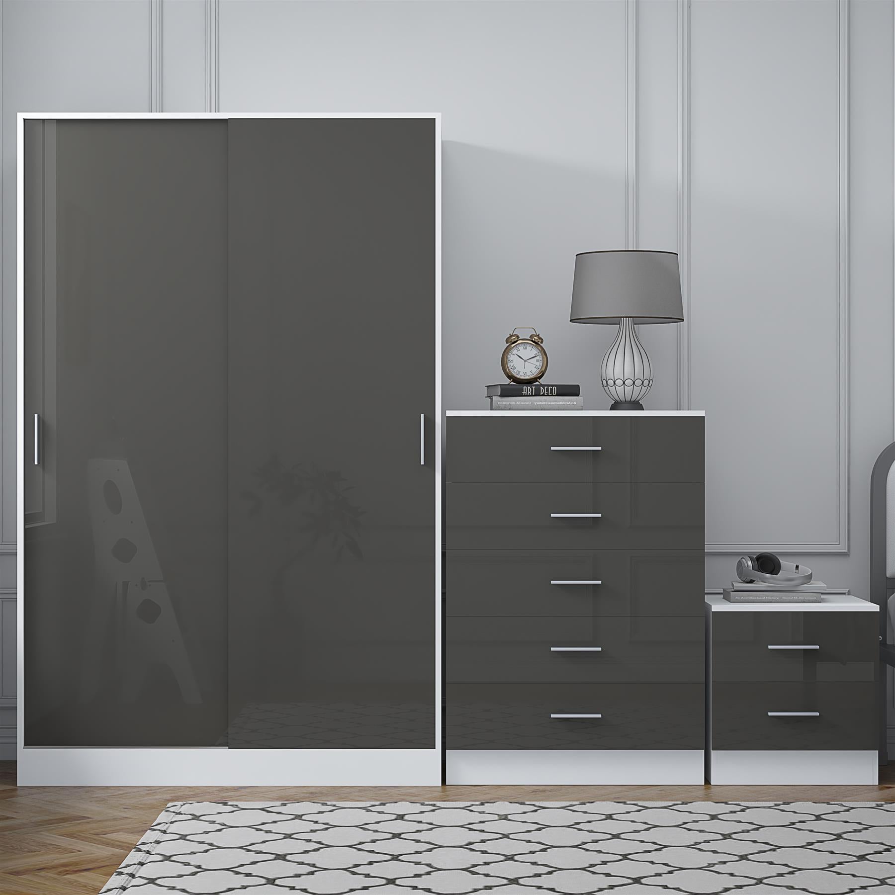 Reflect 2 Door Sliding Wardrobe, 5 Drawer Chest, 2 Drawer Bedside - Grey Gloss & Matt White - Modern Bedroom Furniture Set
