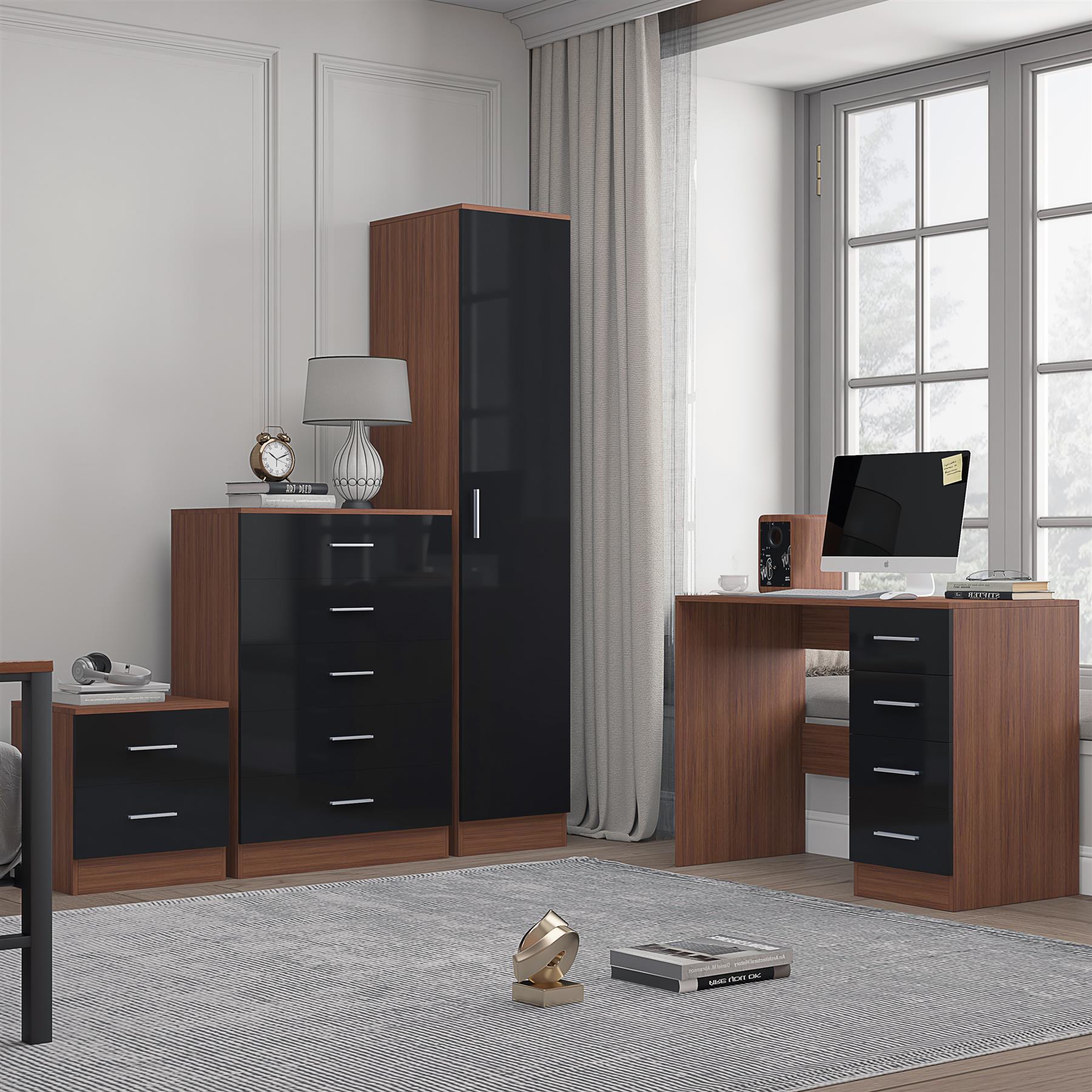 Reflect 1 Door Plain Wardrobe, 5 Drawer Chest, 2 Drawer Bedside & Desk - Black Gloss & Walnut - Bedroom Furniture Set