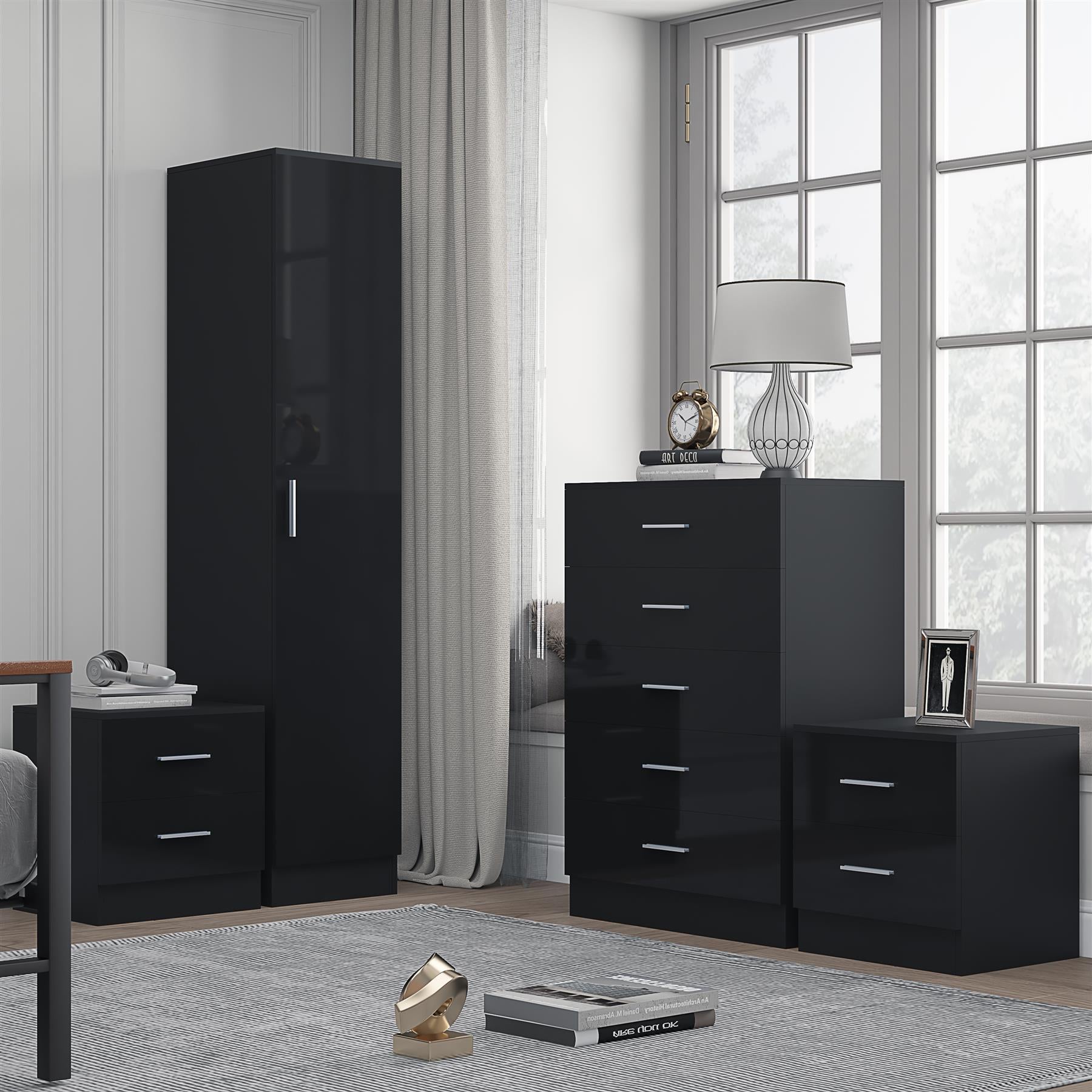 Reflect 1 Door Plain Wardrobe, 5 Drawer Chest, 2x 2 Drawer Bedsides - Black Gloss & Black Oak - Modern Bedroom Furniture Set