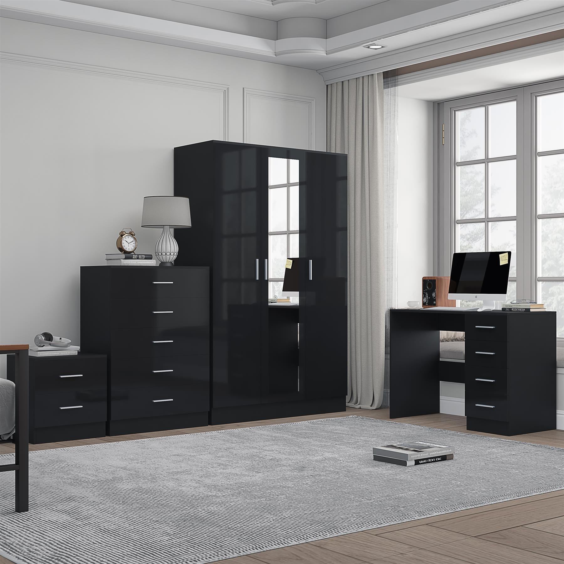 Reflect 3 Door Mirror Wardrobe, 5 Drawer Chest, 2 Drawer Bedside & Desk - Black Gloss & Black Oak - Modern Bedroom Furniture Set