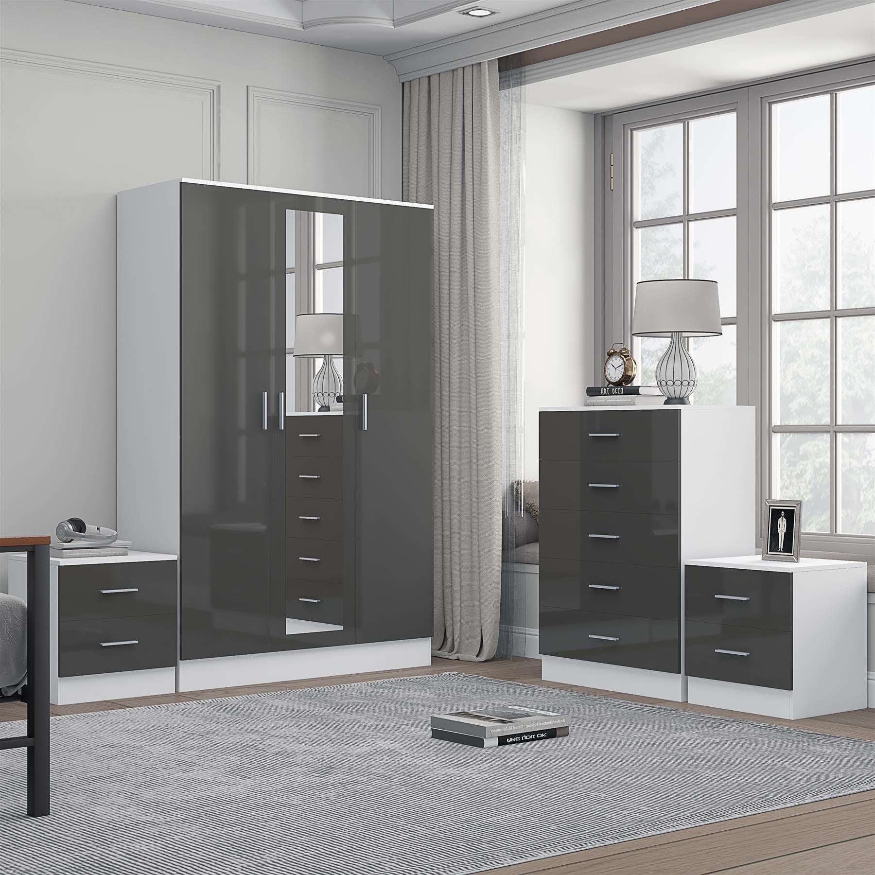 REFLECT Gloss 4pc Set - 3 Door Mirrored Wardrobe + 5 Draw Chest + 2 Bedsides