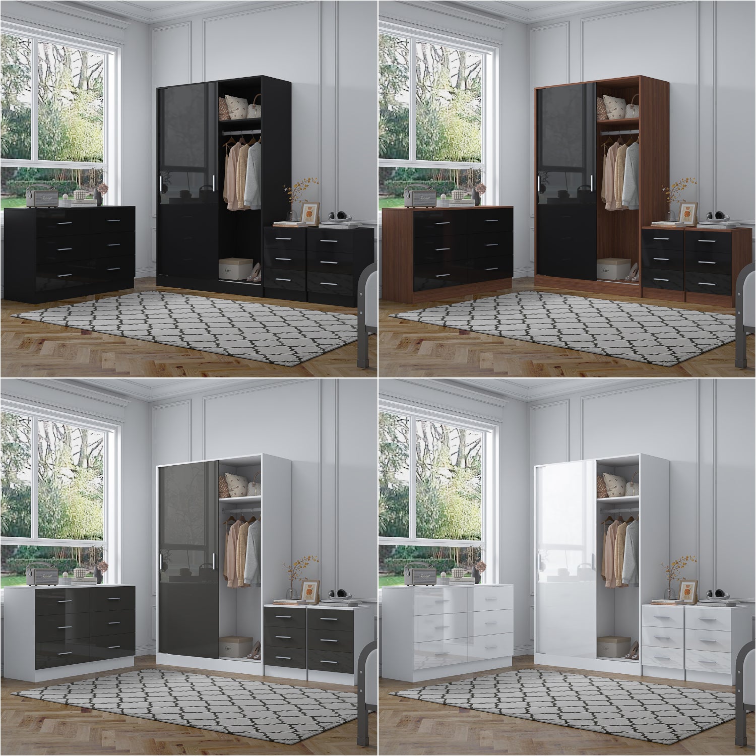REFLECT Gloss 4pc Set - 2 Door Sliding Wardrobe + Wide Chest + 2 Tall Bedsides