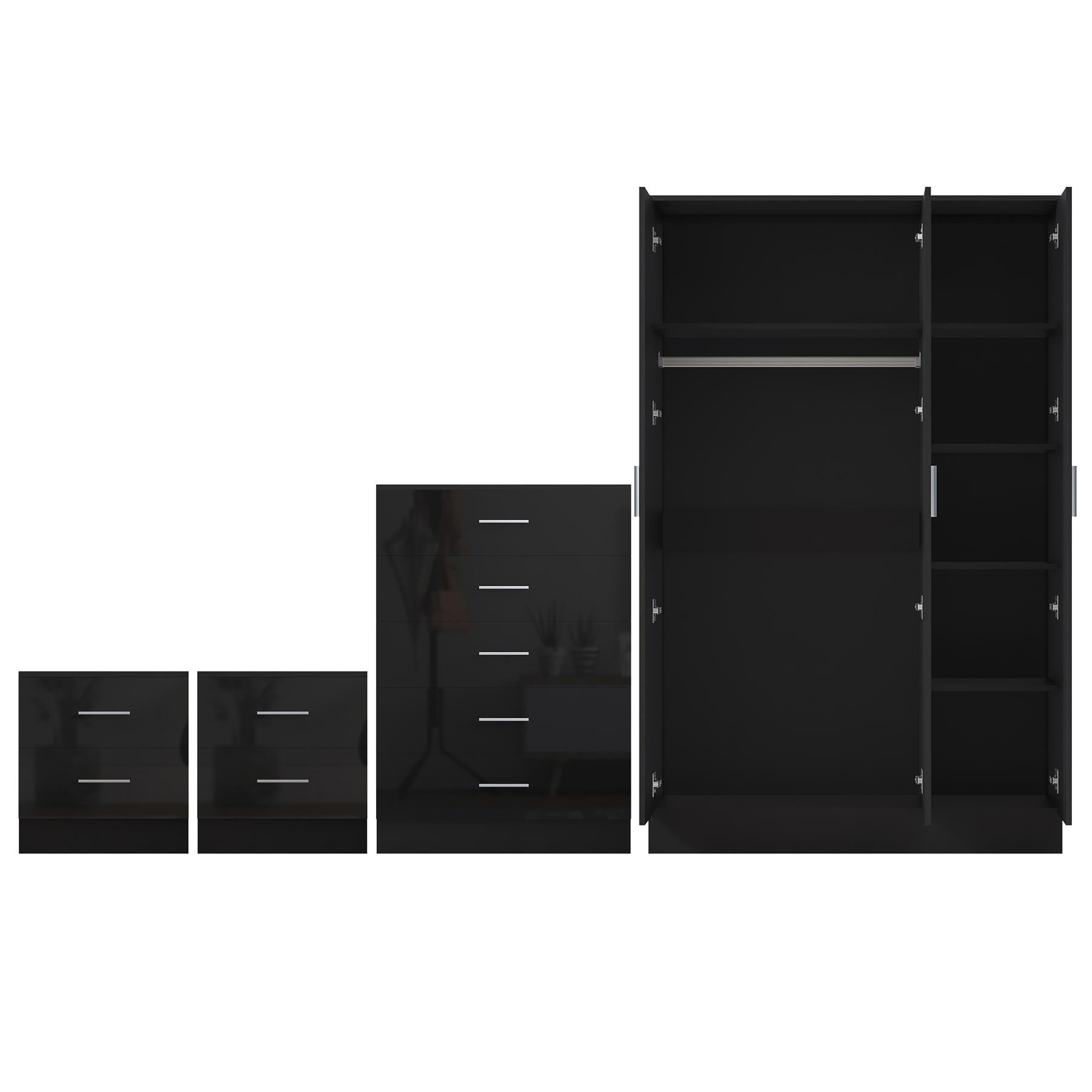 REFLECT Gloss 4pc Set - 3 Door Mirrored Wardrobe + 5 Draw Chest + 2 Bedsides