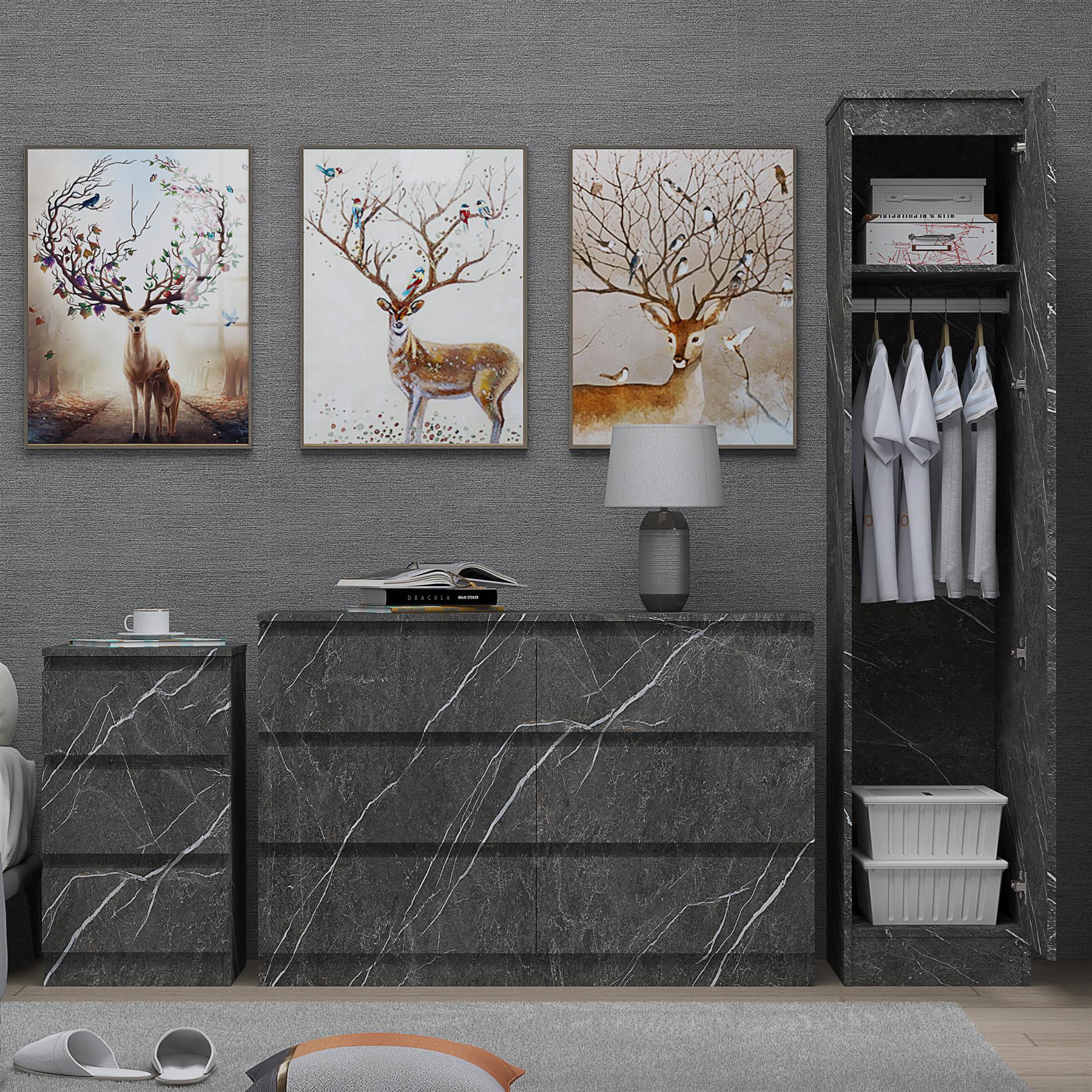 ZITA Grey Marble Effect 3 Piece Bedroom Set - 1-Door Wardrobe, Wide Chest & Bedside Table, Stylish Modern Bedroom Furniture