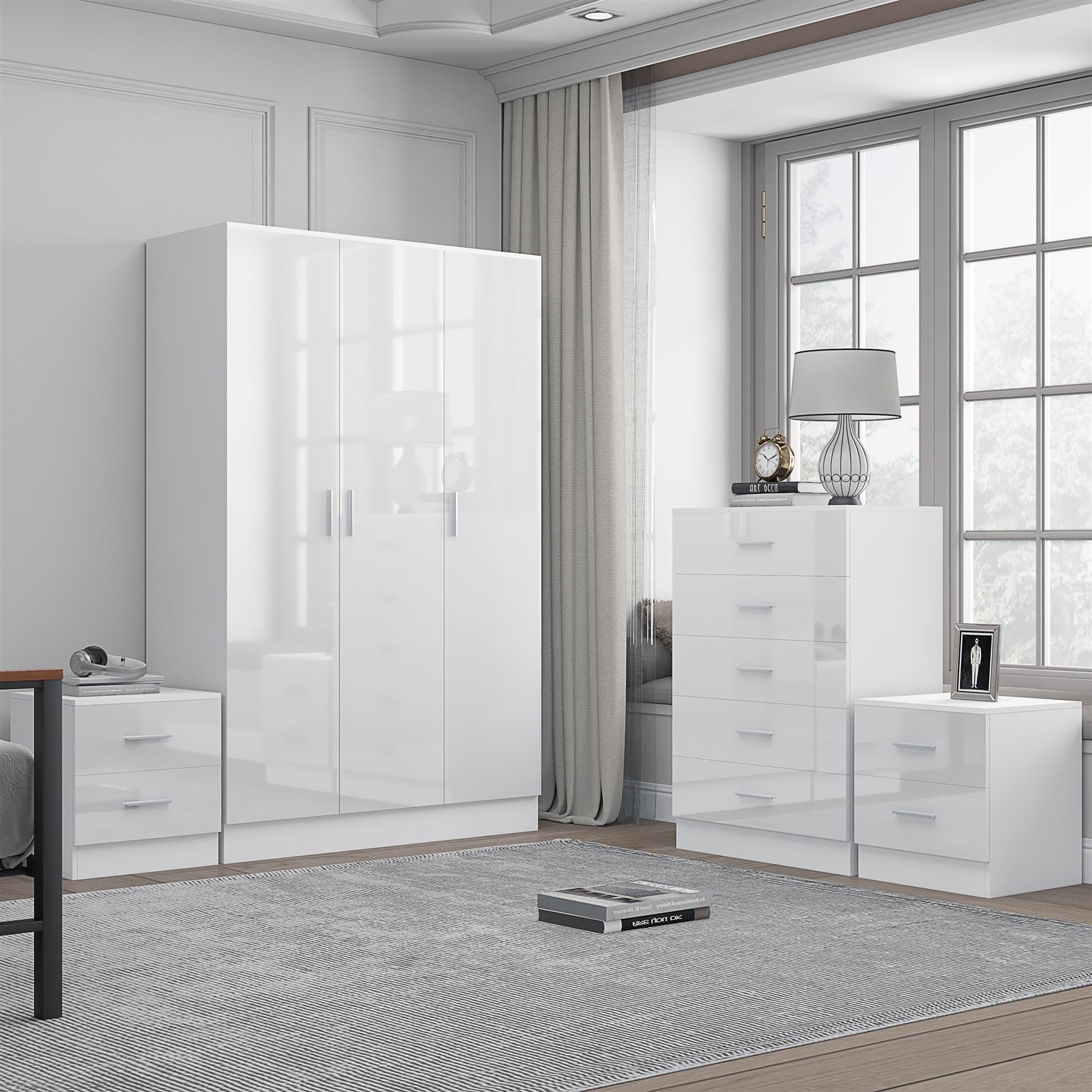 Reflect 3 Door Plain Wardrobe, 5 Drawer Chest, 2x 2 Drawer Bedsides - White Gloss & Matt White - Modern Bedroom Furniture Set