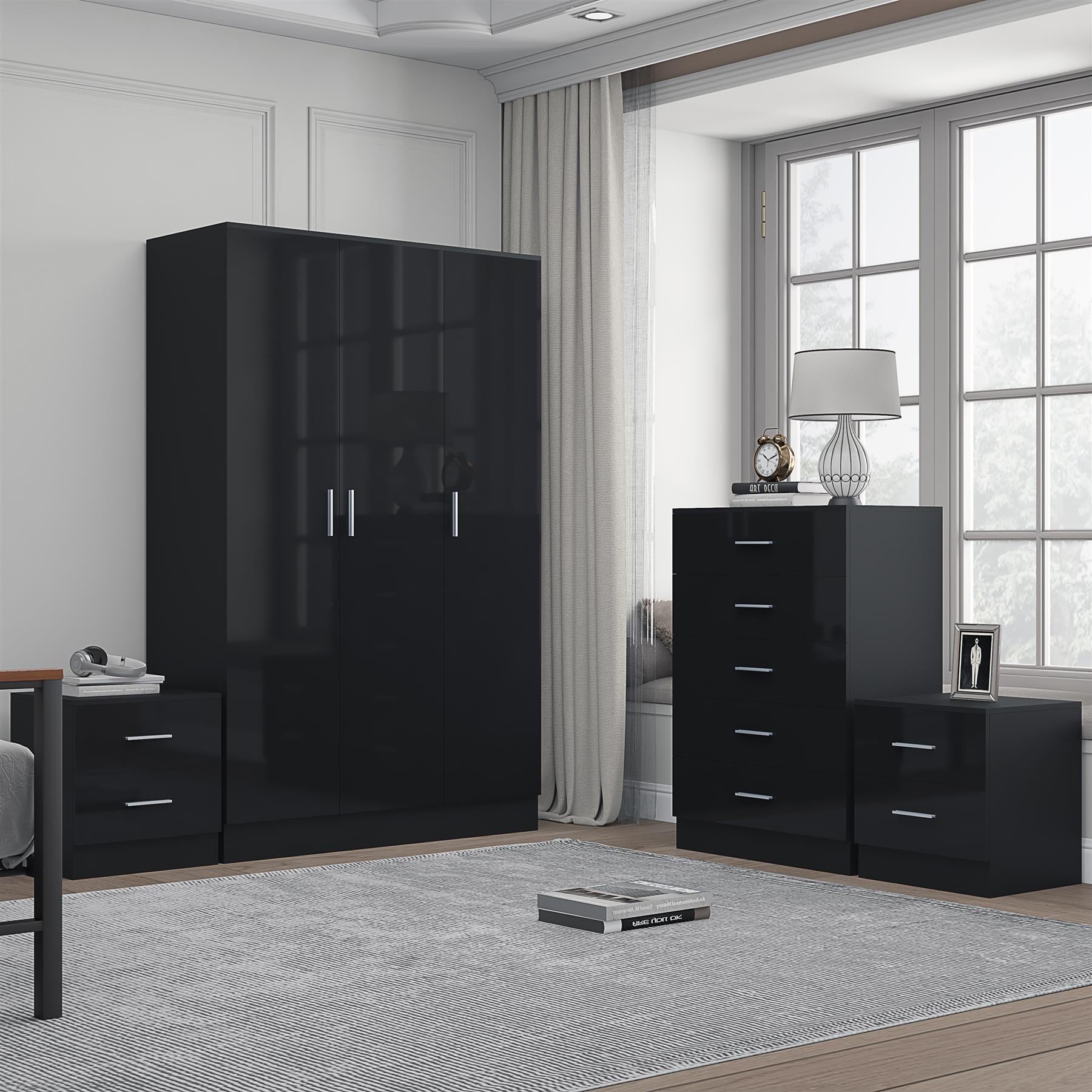 Reflect 3 Door Plain Wardrobe, 5 Drawer Chest, 2x 2 Drawer Bedsides - Black Gloss & Black Oak - Modern Bedroom Furniture Set