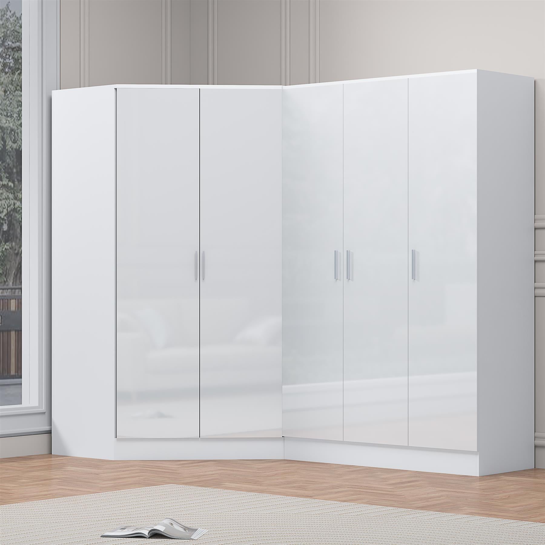 Reflect 2pc Wardrobe Bundle - 2 Door Corner + 3 Door Plain - White Gloss & Matt White - H: 180cm x W: 179cm x D: 103cm