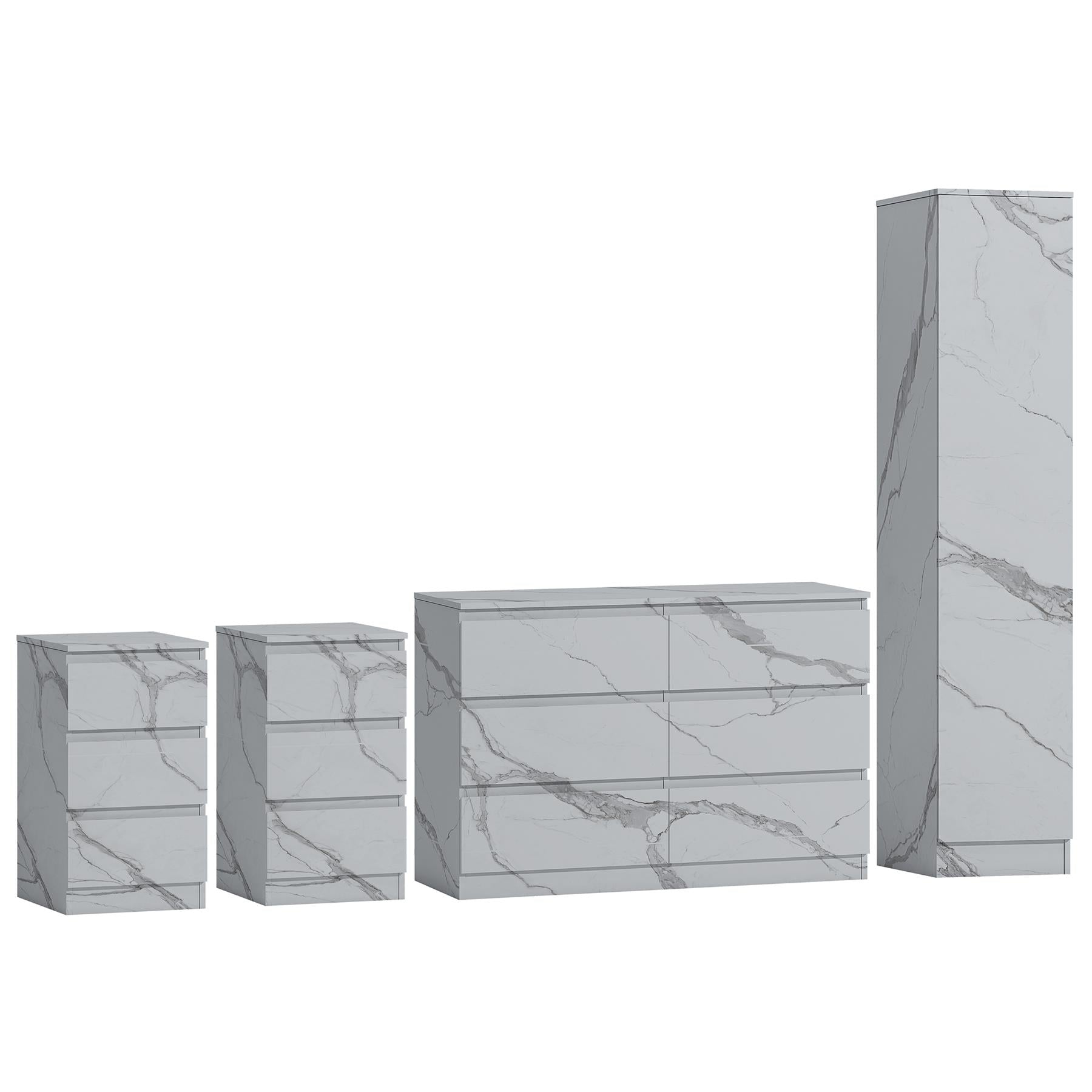 ZITA 4pc Set - 1 Door Wardrobe + Wide Chest + 2 Bedsides in White OR Grey Marble