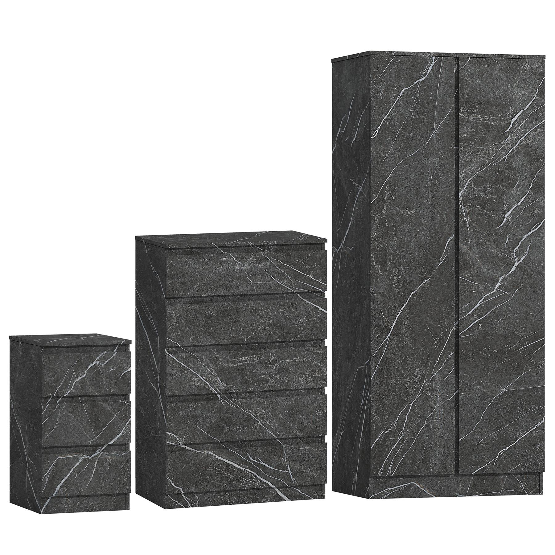 ZITA 3pc Set - 2 Door Wardrobe + Tall Chest + Bedside in White OR Grey Marble