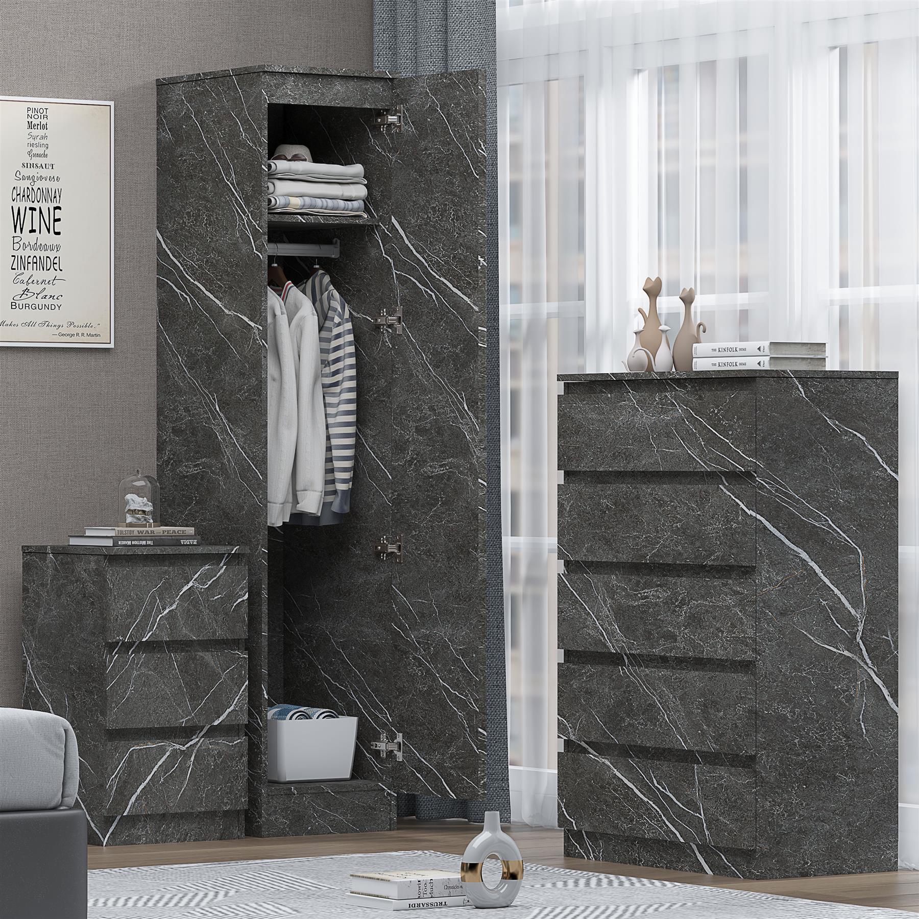 ZITA 3pc Set - 1 Door Wardrobe + Tall Chest + Bedside in White OR Grey Marble
