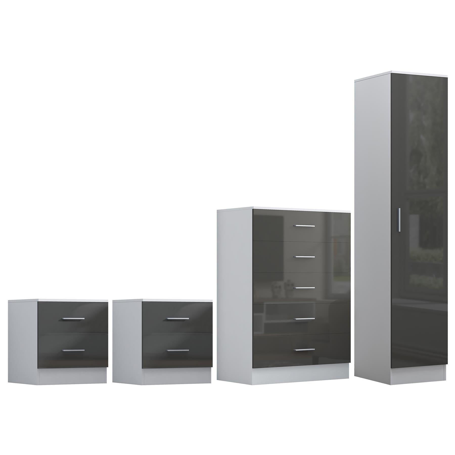 Reflect 1 Door Plain Wardrobe, 5 Drawer Chest, 2x 2 Drawer Bedsides - Grey Gloss & Matt White - Modern Bedroom Furniture Set