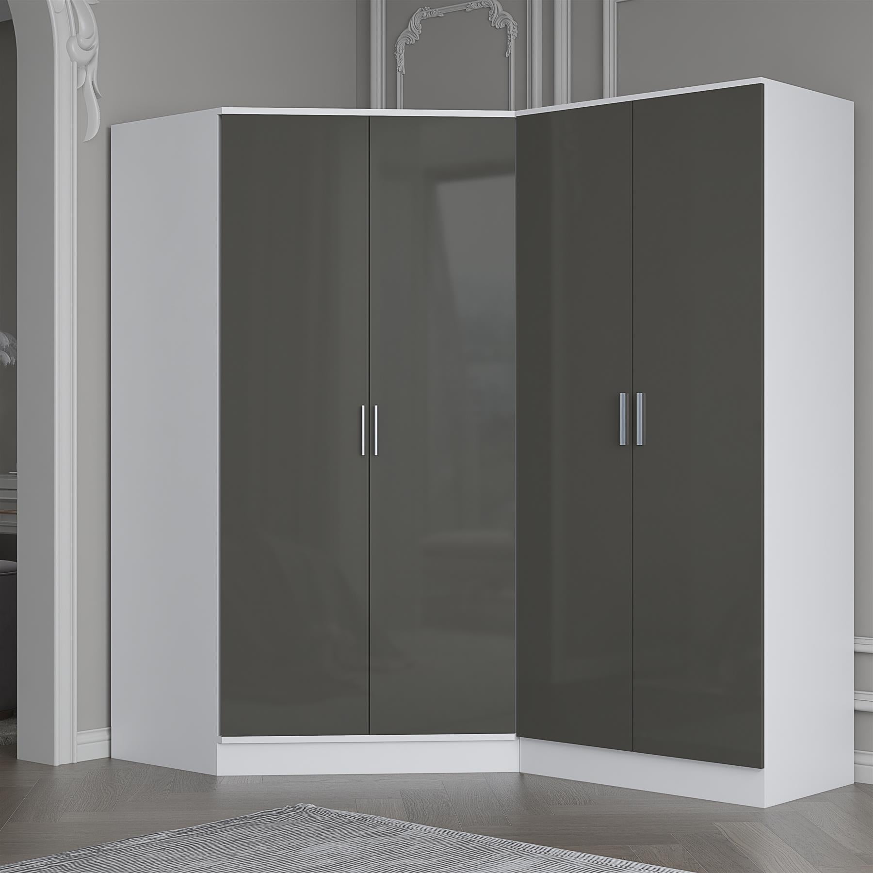 Reflect 2pc Wardrobe Bundle - 2 Door Corner + 2 Door Plain - Grey Gloss & Matt White - H: 180cm x W: 179cm x D: 103cm
