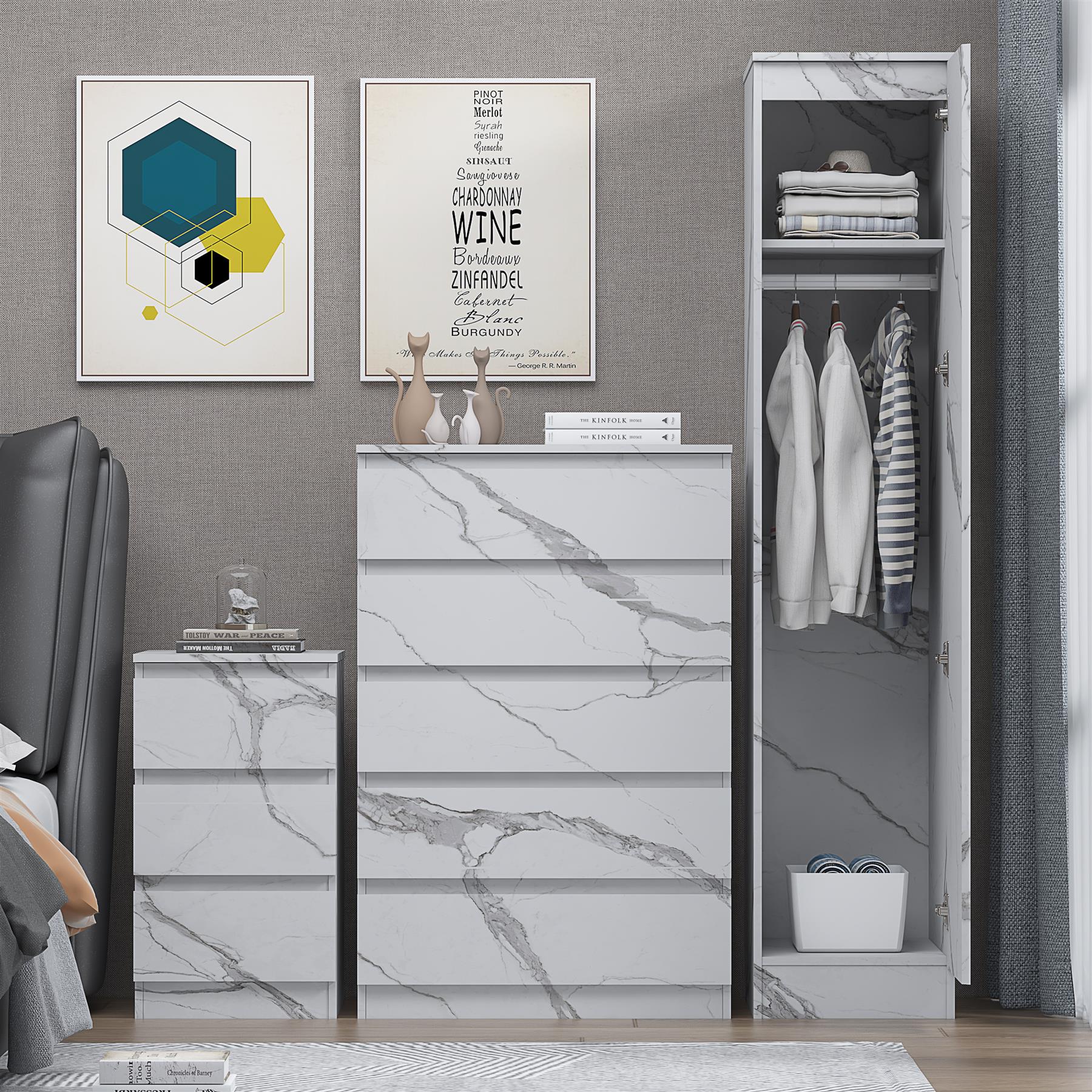 ZITA 3pc Set - 1 Door Wardrobe + Tall Chest + Bedside in White OR Grey Marble