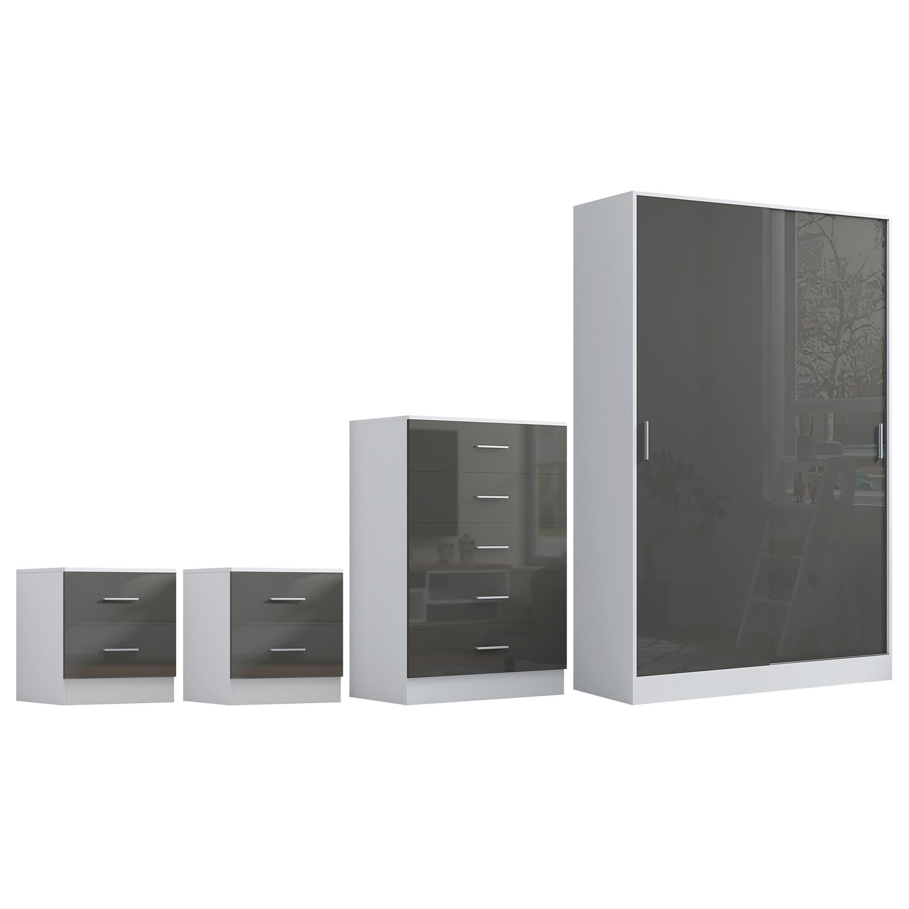 Reflect 2 Door Sliding Wardrobe, 5 Drawer Chest, 2x 2 Drawer Bedsides - Grey Gloss & Matt White - Modern Bedroom Furniture Set