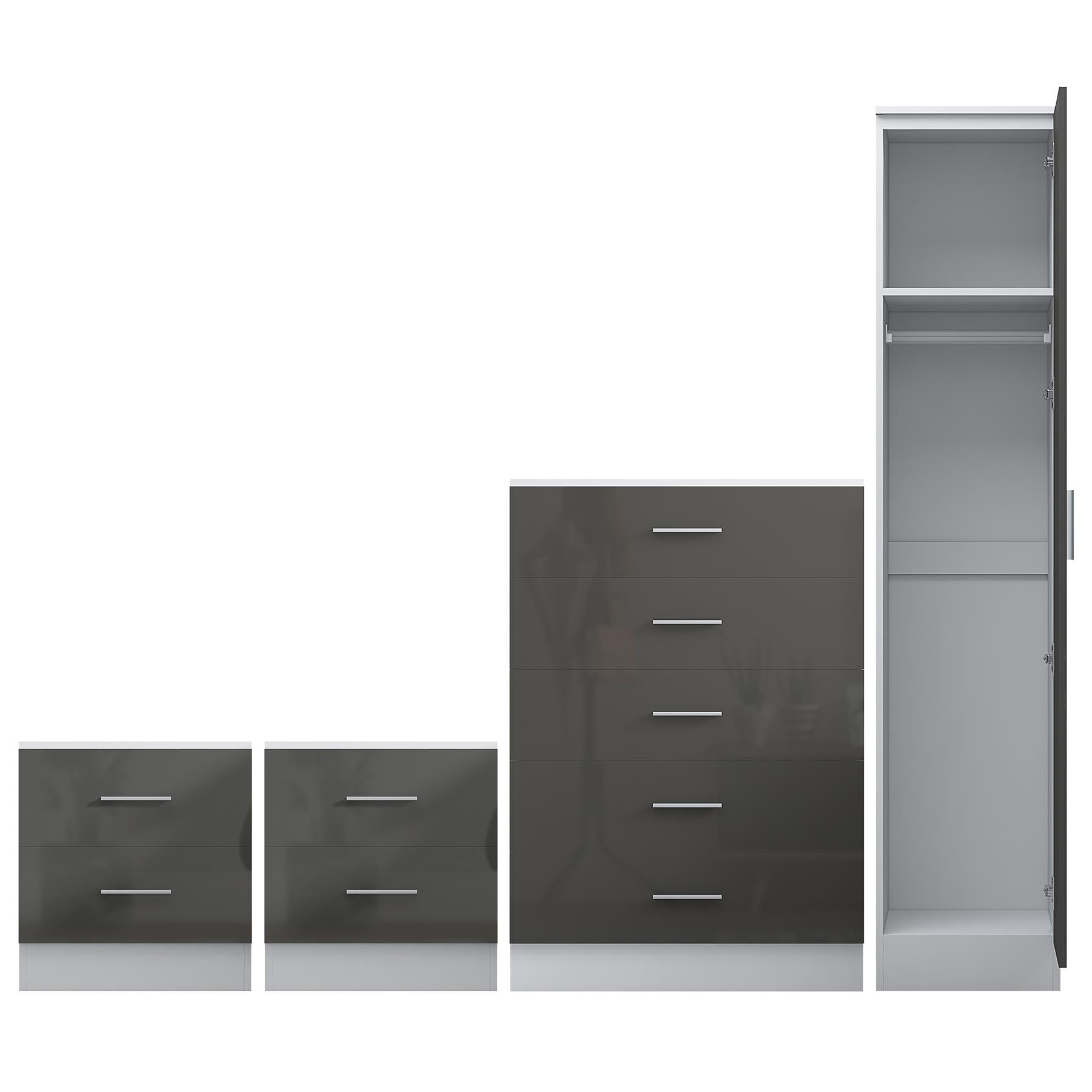 Reflect 1 Door Plain Wardrobe, 5 Drawer Chest, 2x 2 Drawer Bedsides - Grey Gloss & Matt White - Modern Bedroom Furniture Set