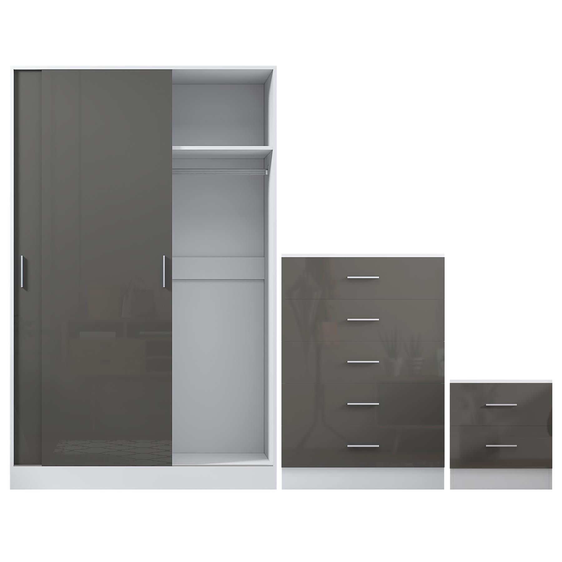 Reflect 2 Door Sliding Wardrobe, 5 Drawer Chest, 2 Drawer Bedside - Grey Gloss & Matt White - Modern Bedroom Furniture Set