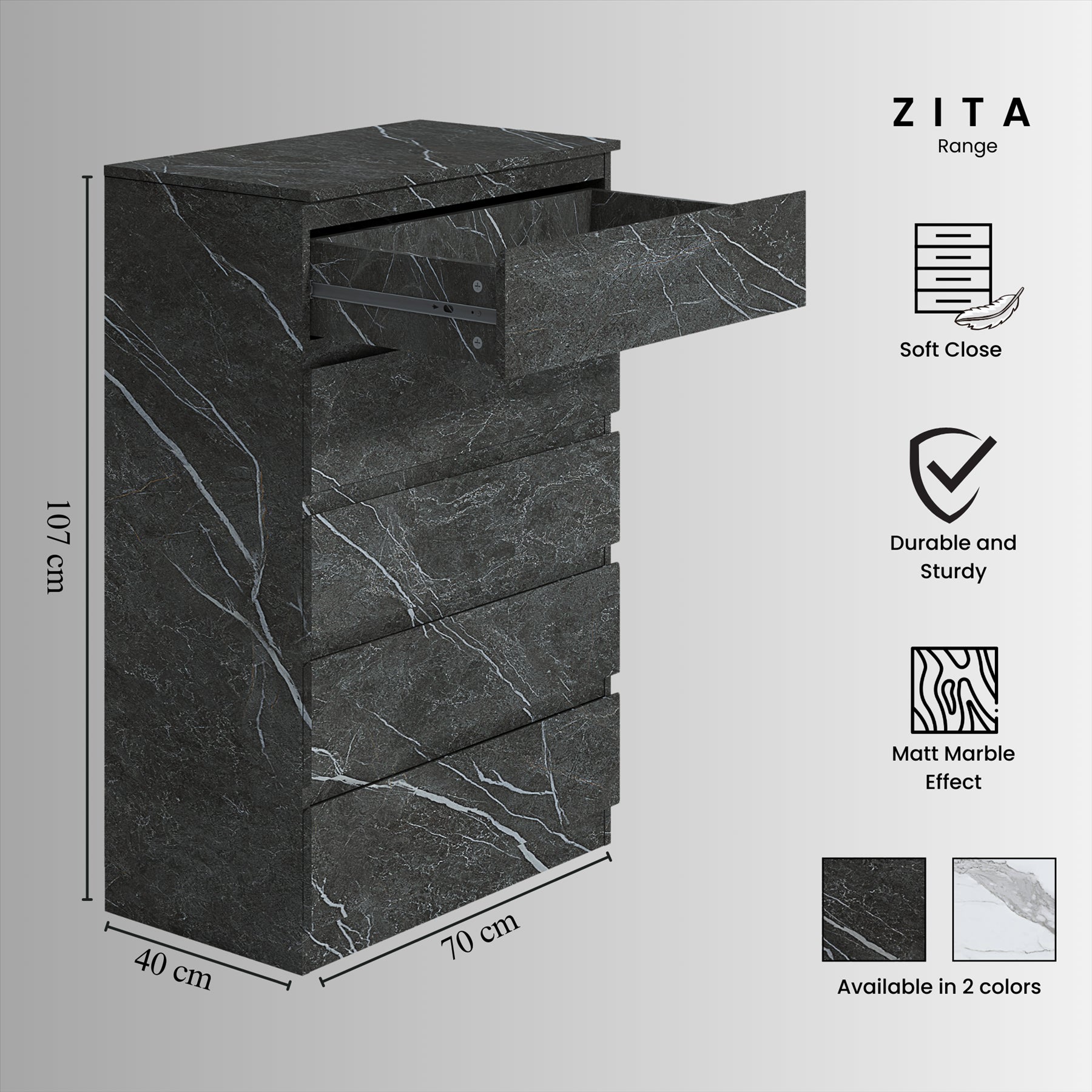 ZITA Grey Marble Effect 5 Drawer Chest - Modern Storage Unit, (L) 40cm x (W) 70cm x (H) 107cm, Stylish Bedroom Storage
