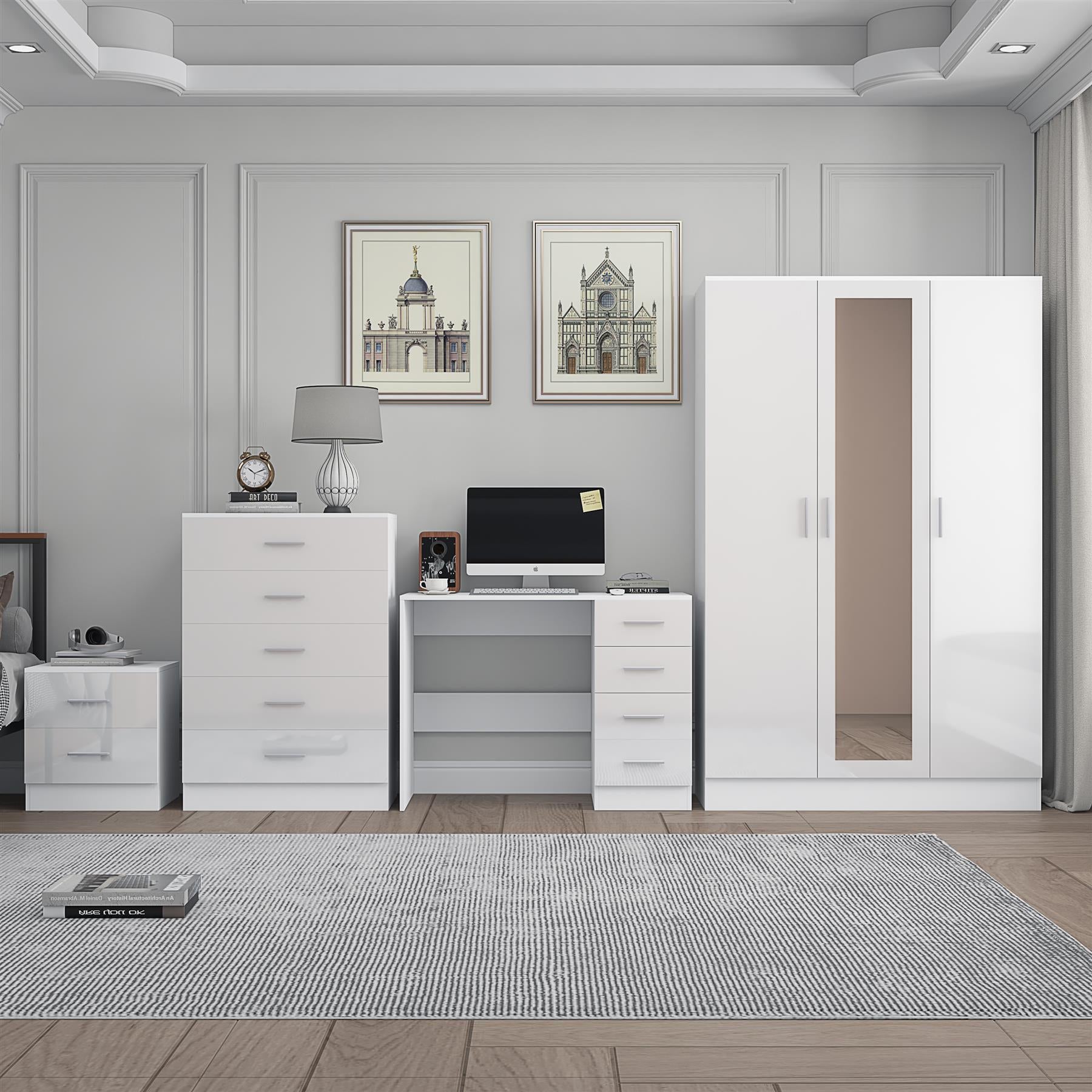 REFLECT Gloss 4pc Set - 3 Door Mirrored Wardrobe + 5 Draw Chest + Bedside + Desk