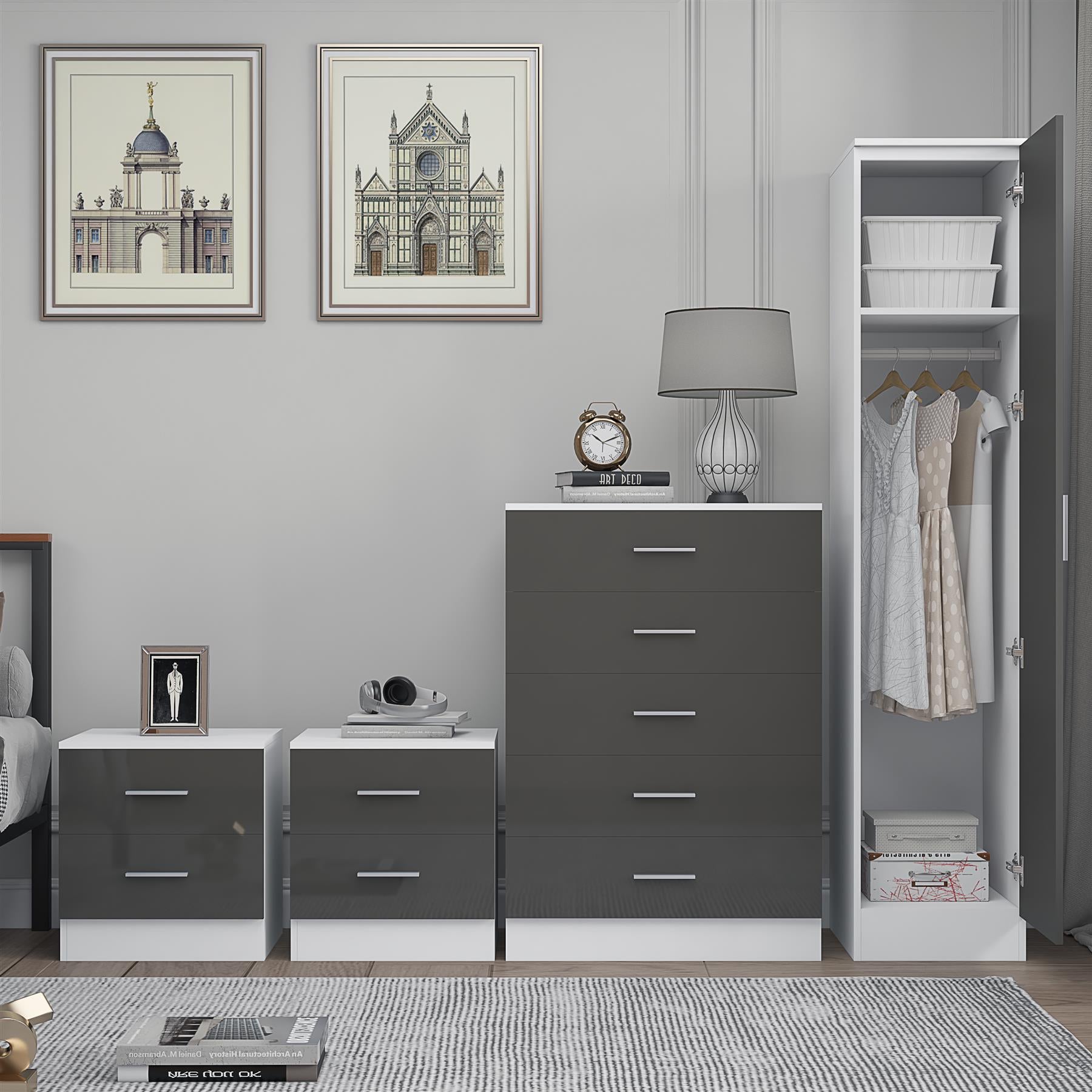 Reflect 1 Door Plain Wardrobe, 5 Drawer Chest, 2x 2 Drawer Bedsides - Grey Gloss & Matt White - Modern Bedroom Furniture Set
