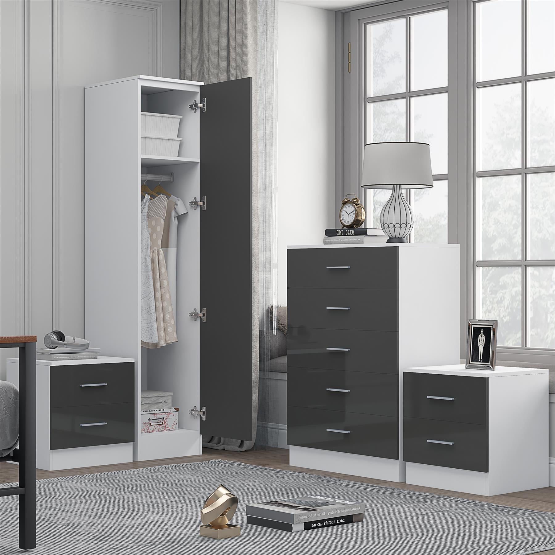 Reflect 1 Door Plain Wardrobe, 5 Drawer Chest, 2x 2 Drawer Bedsides - Grey Gloss & Matt White - Modern Bedroom Furniture Set