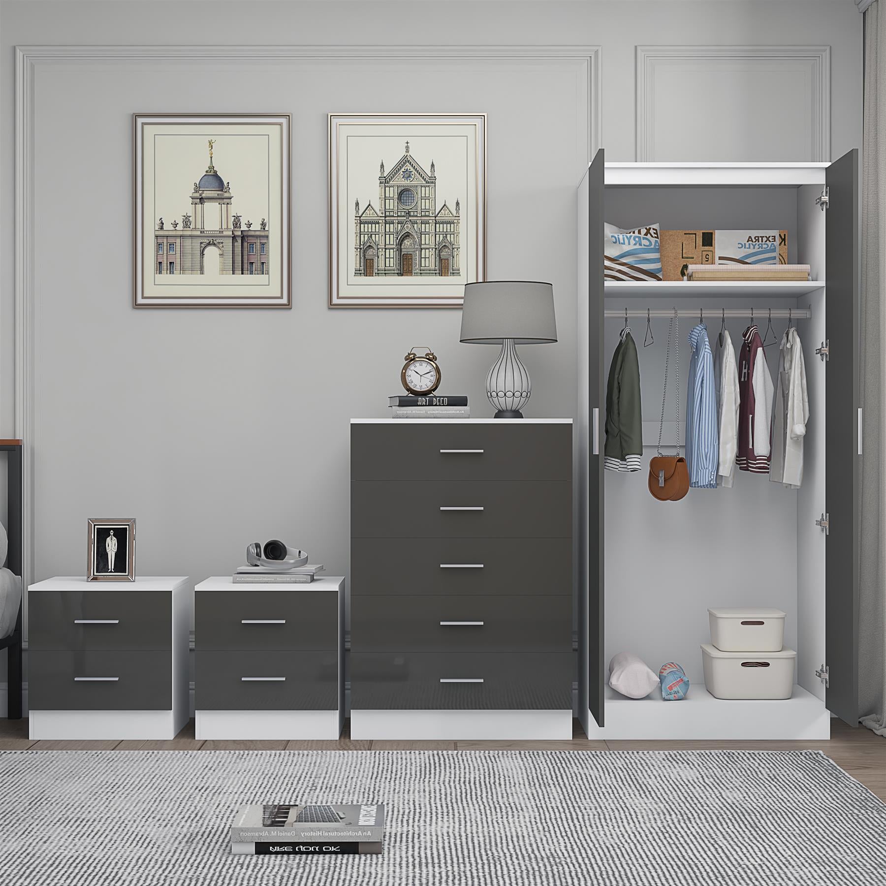Reflect 2 Door Mirror Wardrobe, 5 Drawer Chest, 2x 2 Drawer Bedsides - Grey Gloss & Matt White - Modern Bedroom Furniture Set