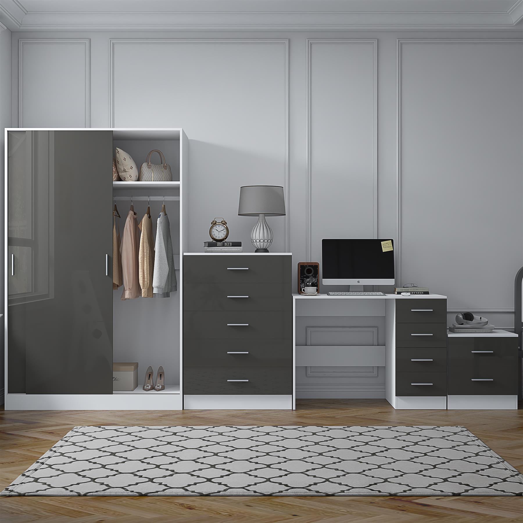 Reflect 2 Door Sliding Wardrobe, 5 Drawer Chest, 2 Drawer Bedside & Desk - Grey Gloss & Matt White - Modern Bedroom Furniture Set