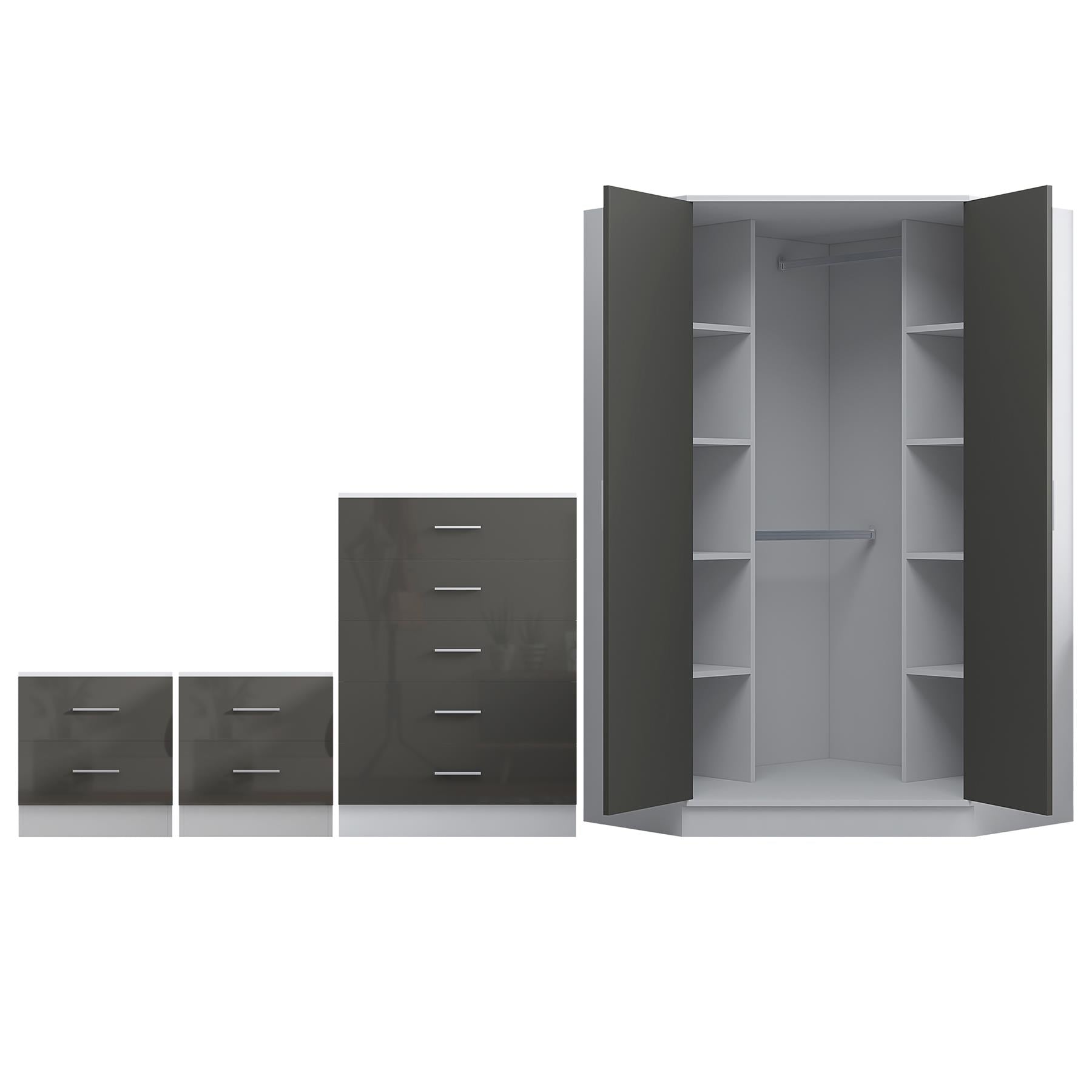 Reflect 2 Door Corner Wardrobe, 5 Drawer Chest, 2x 2 Drawer Bedsides - Grey Gloss & Matt White - Bedroom Furniture Set