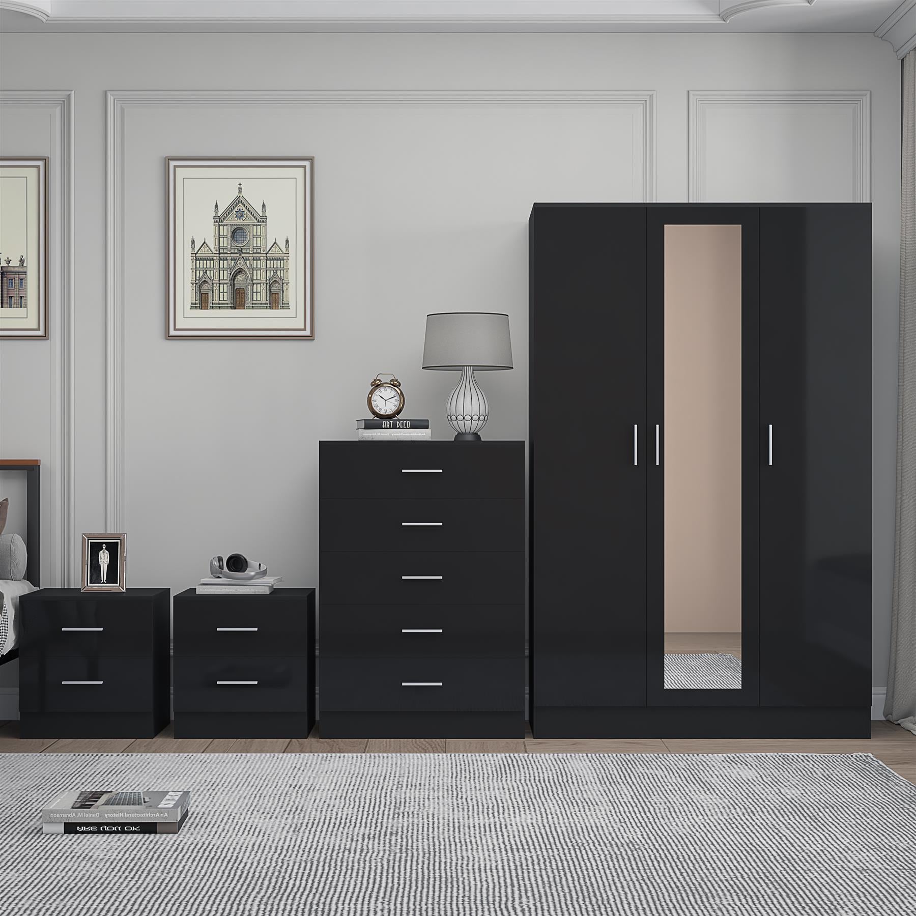 REFLECT Gloss 4pc Set - 3 Door Mirrored Wardrobe + 5 Draw Chest + 2 Bedsides