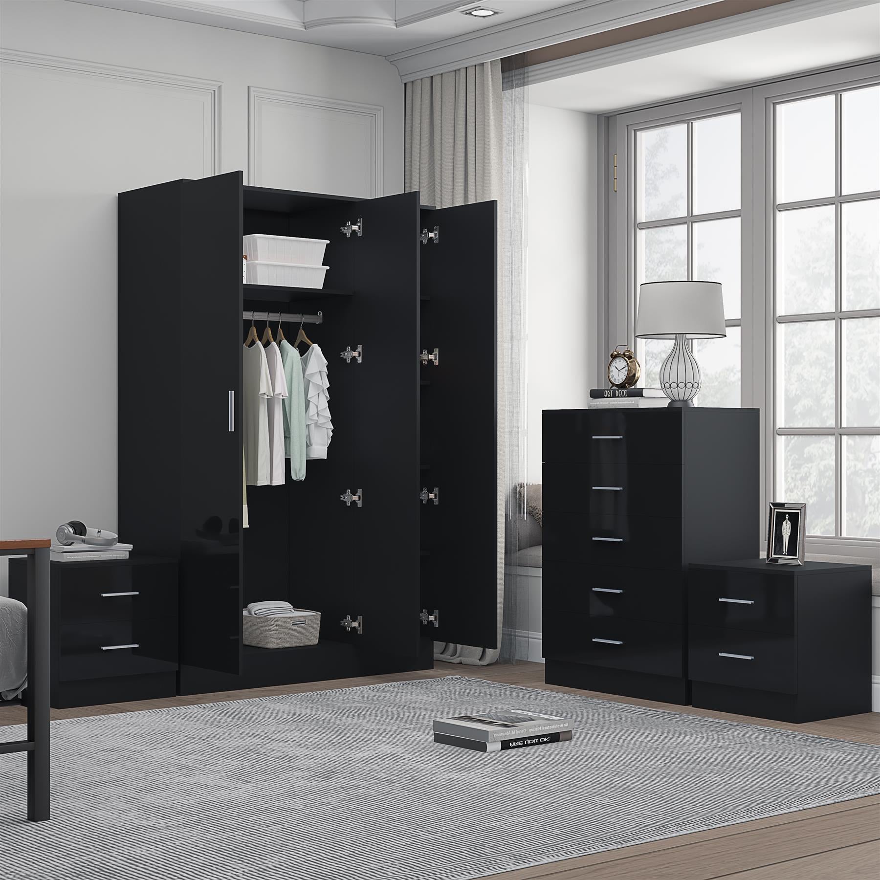 REFLECT Gloss 4pc Set - 3 Door Mirrored Wardrobe + 5 Draw Chest + 2 Bedsides