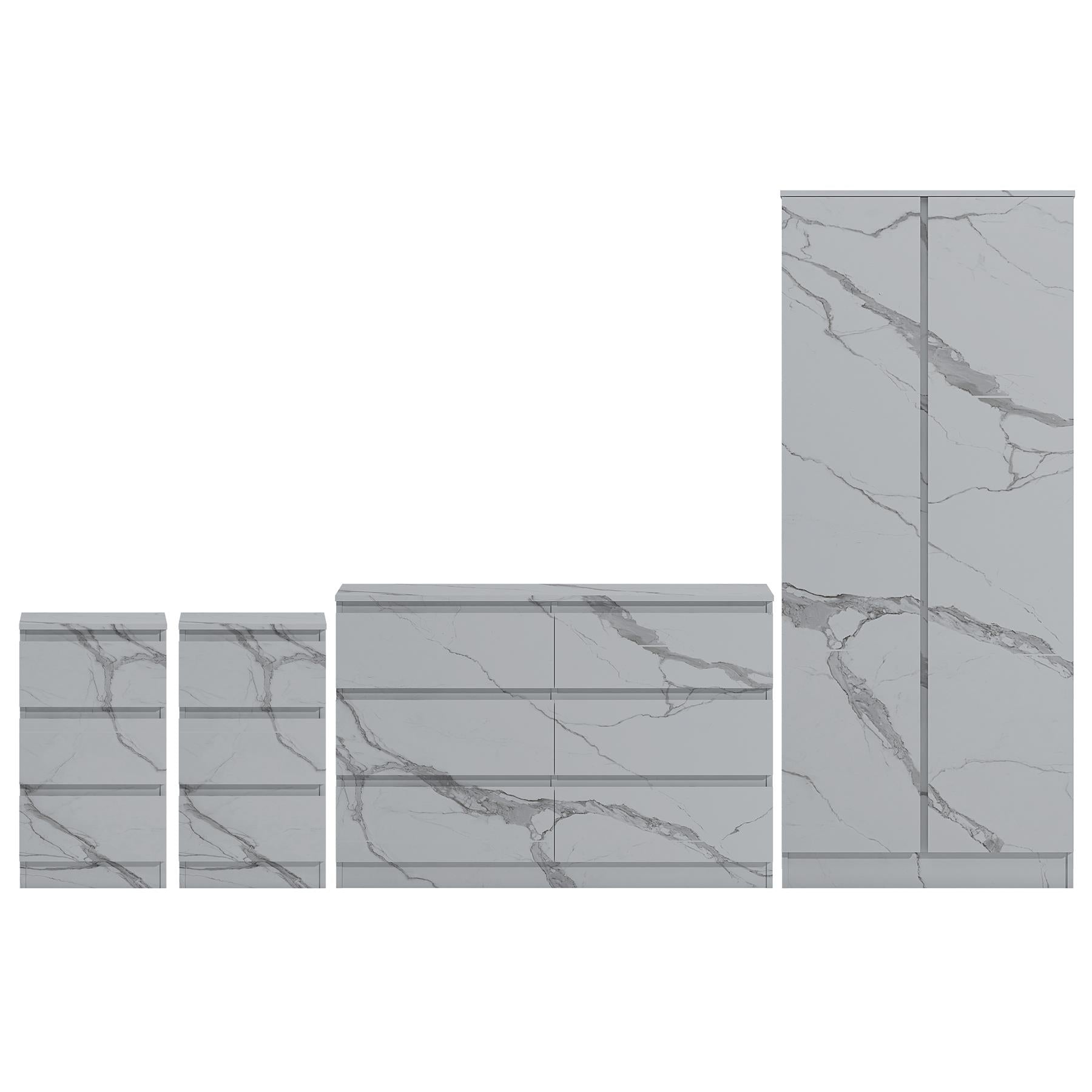 ZITA 4pc Set - 2 Door Wardrobe + Wide Chest + 2 Bedsides in White OR Grey Marble