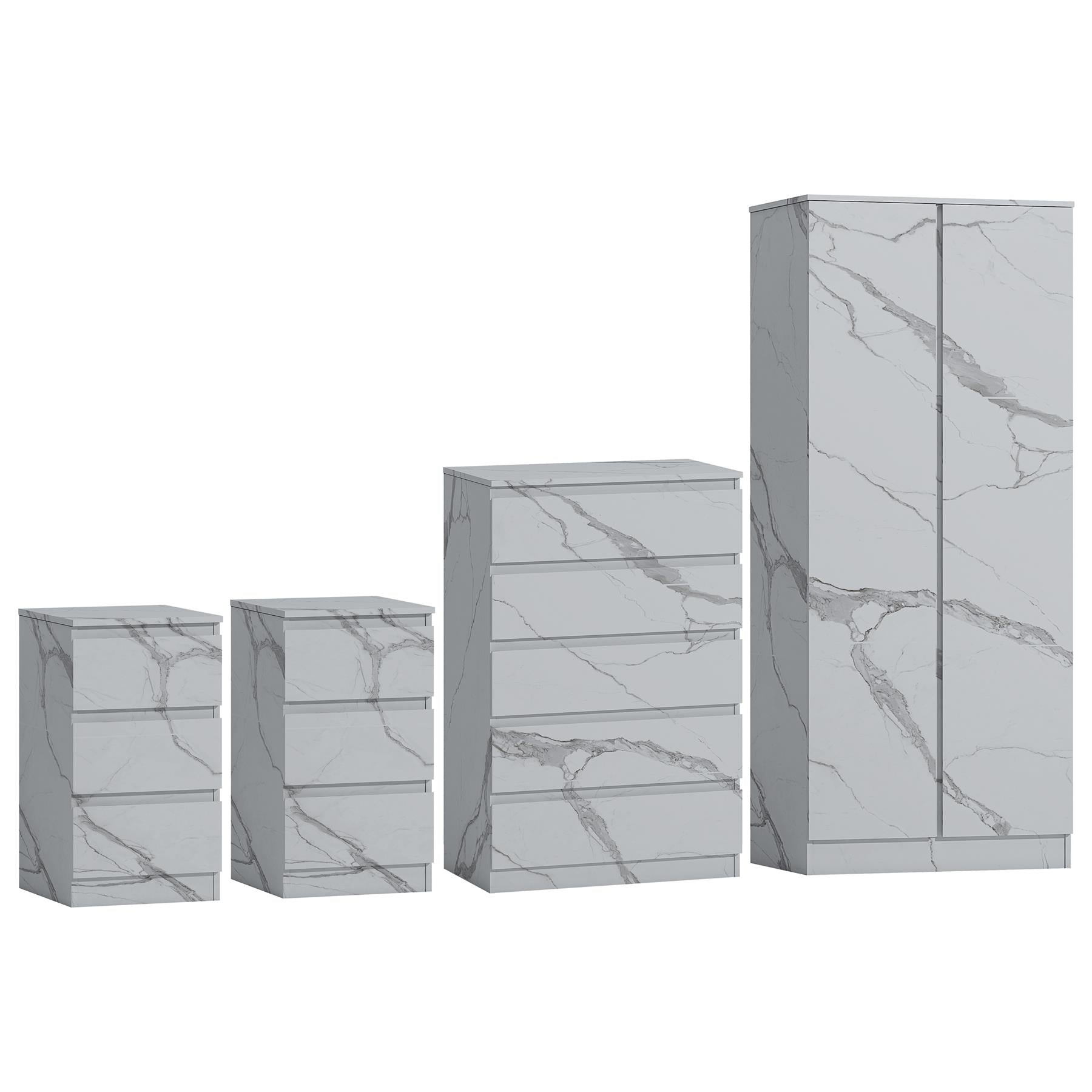 ZITA 4pc Set - 2 Door Wardrobe + Tall Chest + 2 Bedsides in White OR Grey Marble