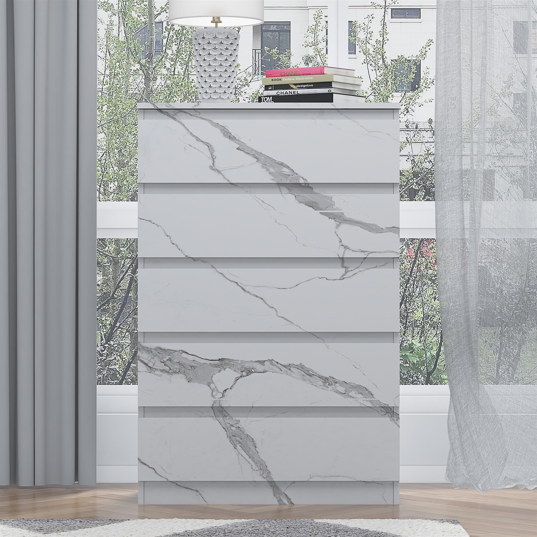 ZITA 5 Drawer Chest - White Marble Effect Bedroom Storage