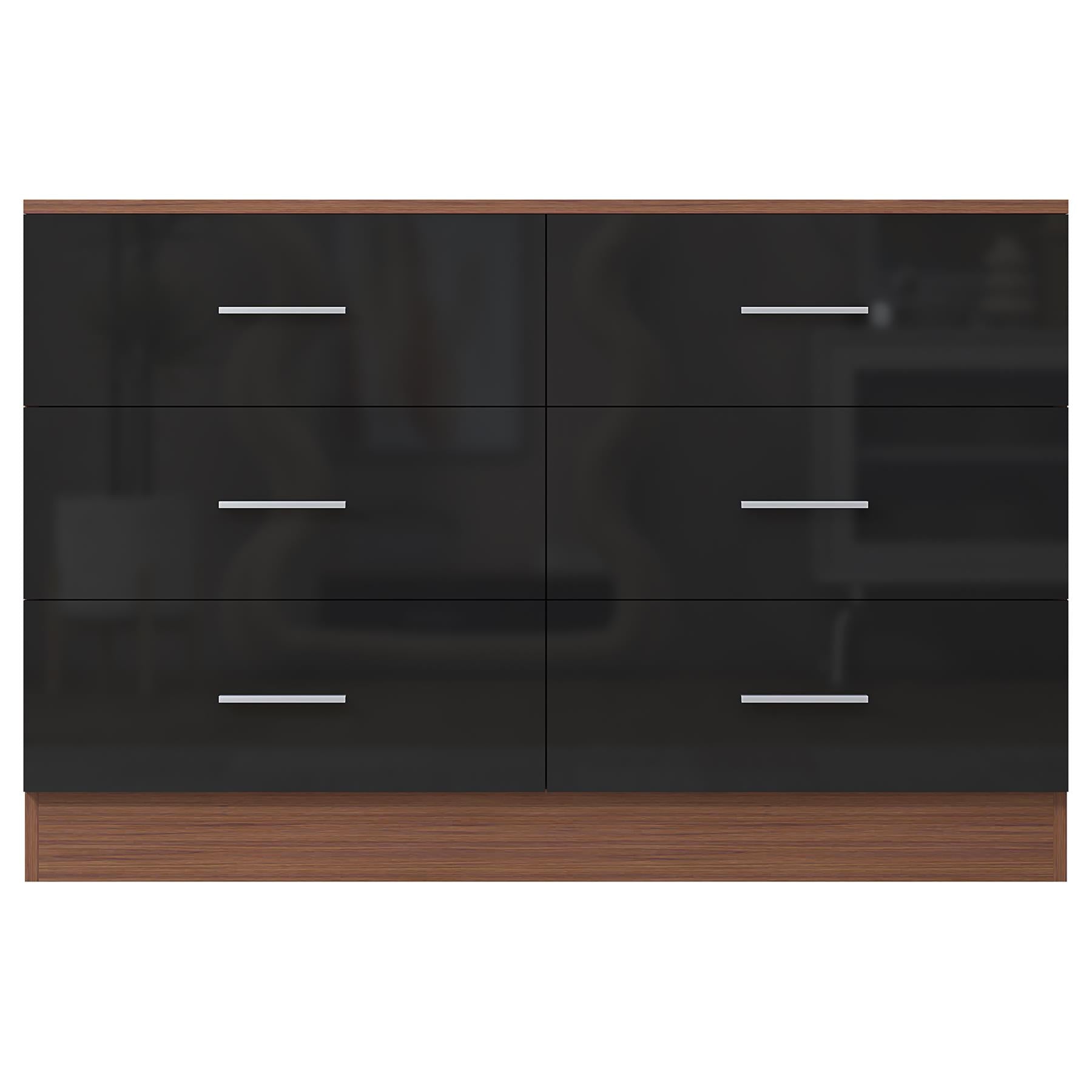 Reflect Wide 6 Drawer Chest - Black Gloss & Walnut - Modern Bedroom Storage Unit with Drawers - H: 75cm x W: 112cm x D: 40cm