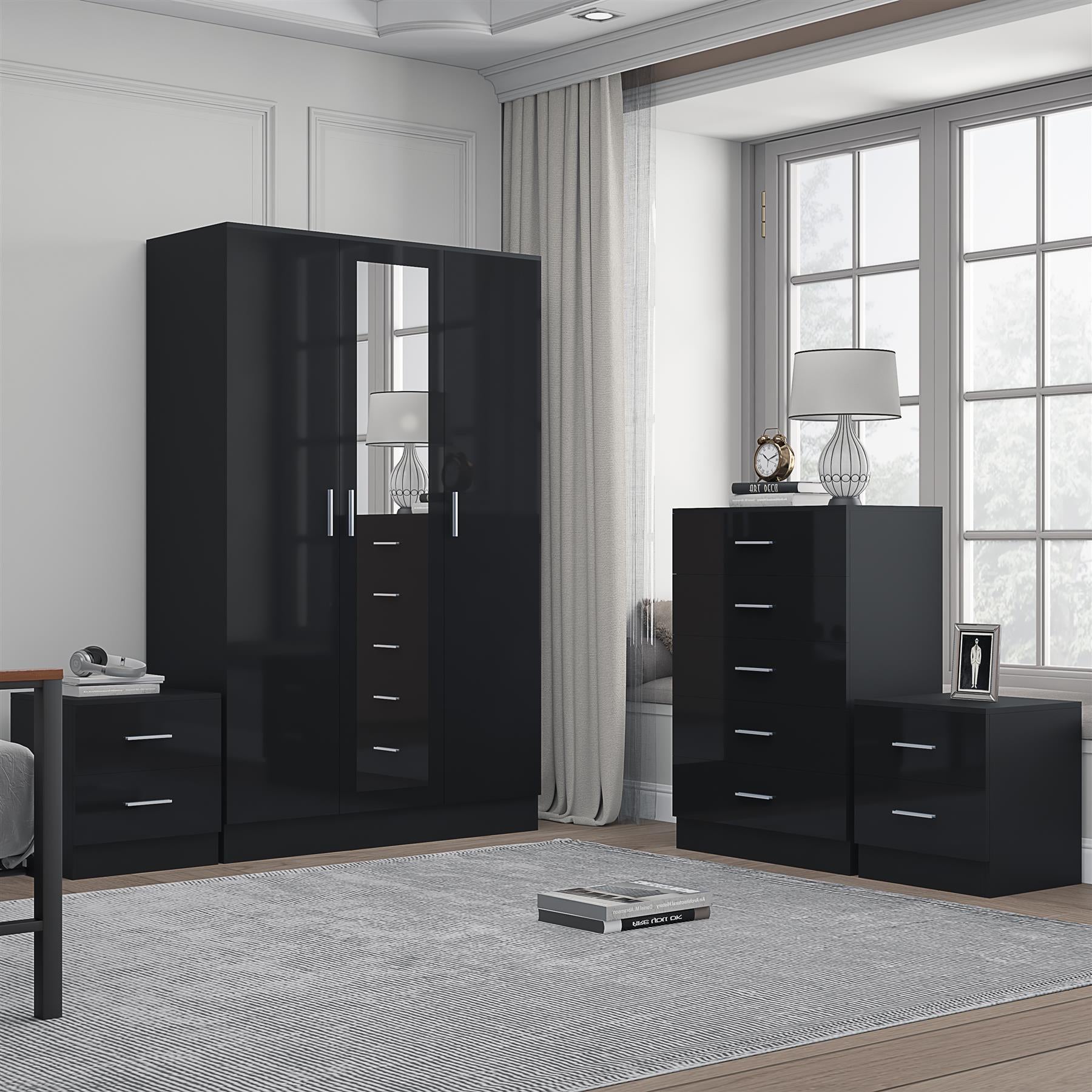 Reflect 3 Door Mirror Wardrobe, 5 Drawer Chest, 2x 2 Drawer Bedsides - Black Gloss & Black Oak - Modern Bedroom Furniture Set