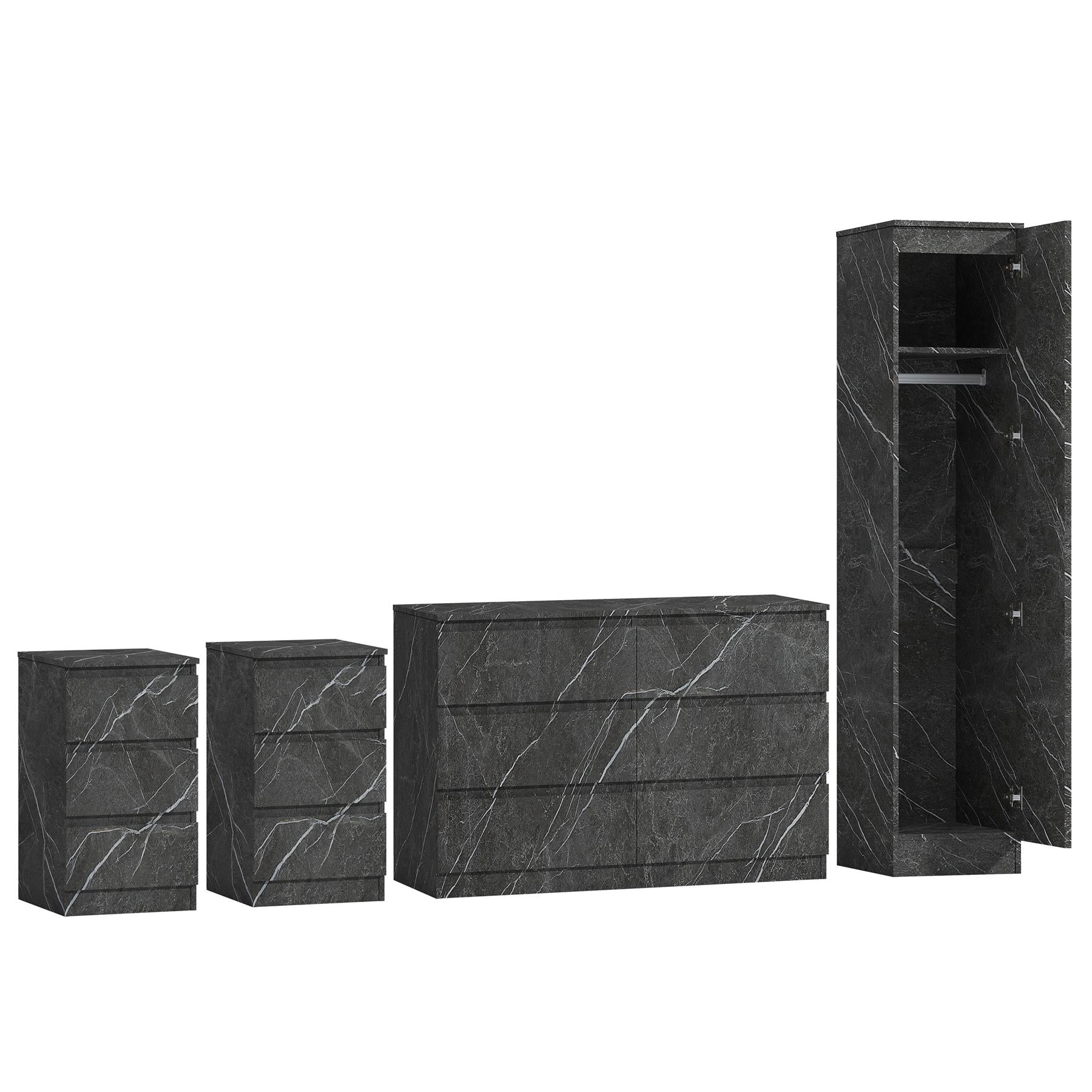 ZITA Grey Marble Effect 4pc Bedroom Set - 1-Door Wardrobe, Wide Chest & 2 Bedside Tables, Contemporary Bedroom Storage Solution
