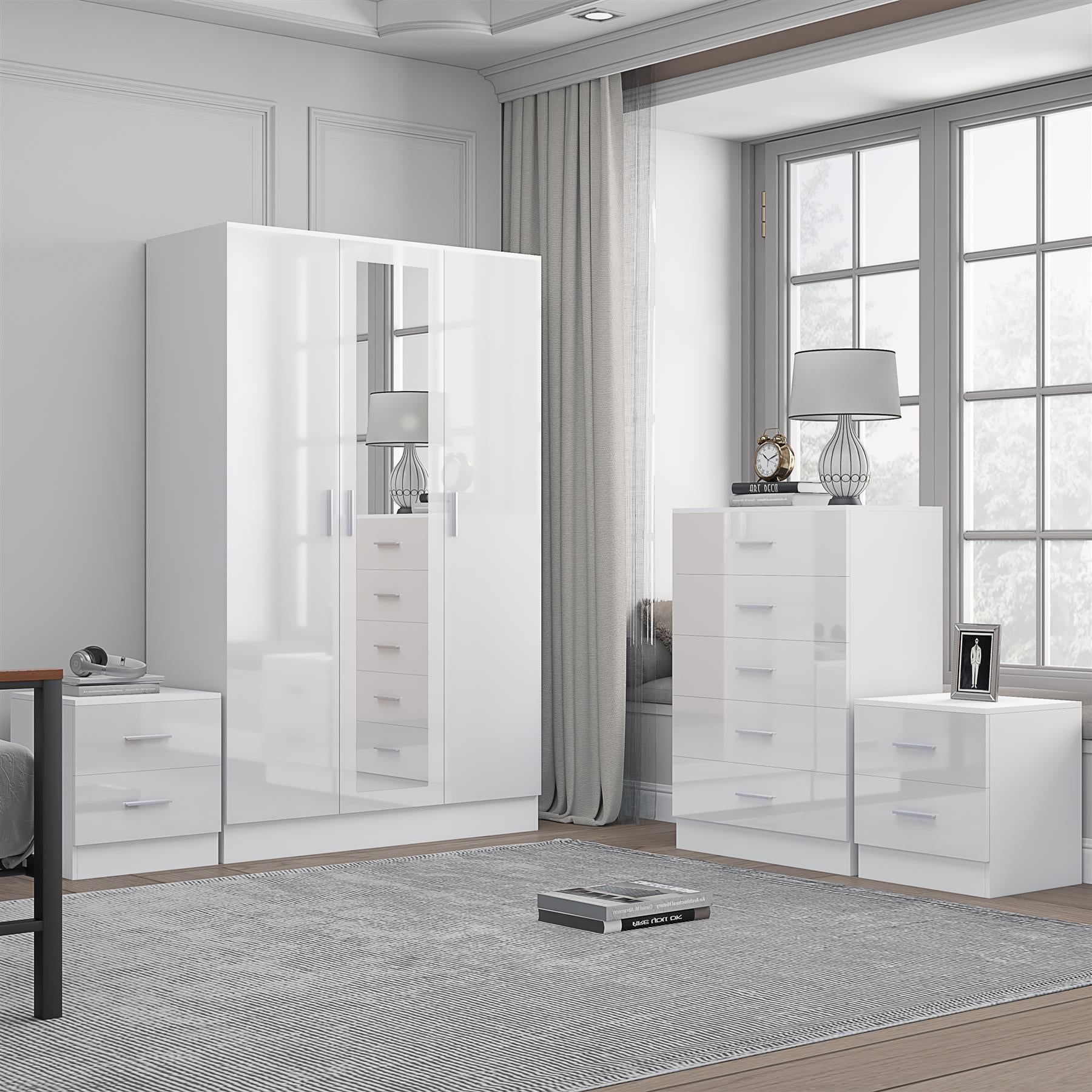 Reflect 3 Door Mirror Wardrobe, 5 Drawer Chest, 2x 2 Drawer Bedsides - White Gloss & Matt White - Modern Bedroom Furniture Set