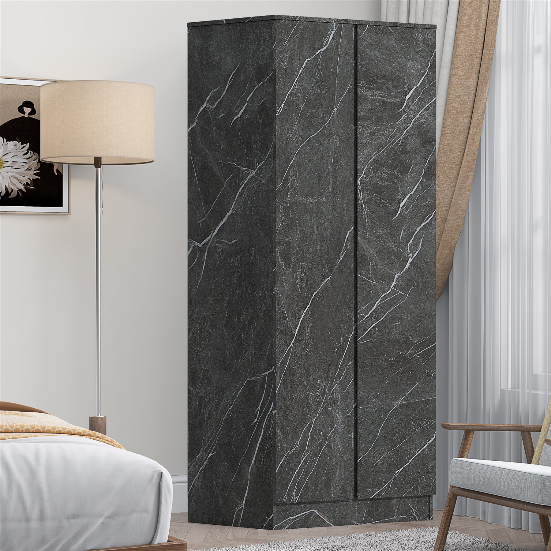 ZITA Grey Marble Effect 2 Door Plain Wardrobe - Bedroom Storage, (L) 50cm x (W) 76cm x (H) 180cm, Stylish and Spacious