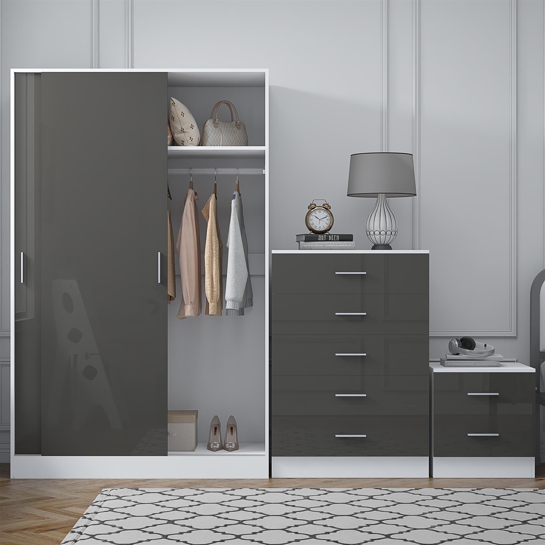 Reflect 2 Door Sliding Wardrobe, 5 Drawer Chest, 2 Drawer Bedside - Grey Gloss & Matt White - Modern Bedroom Furniture Set