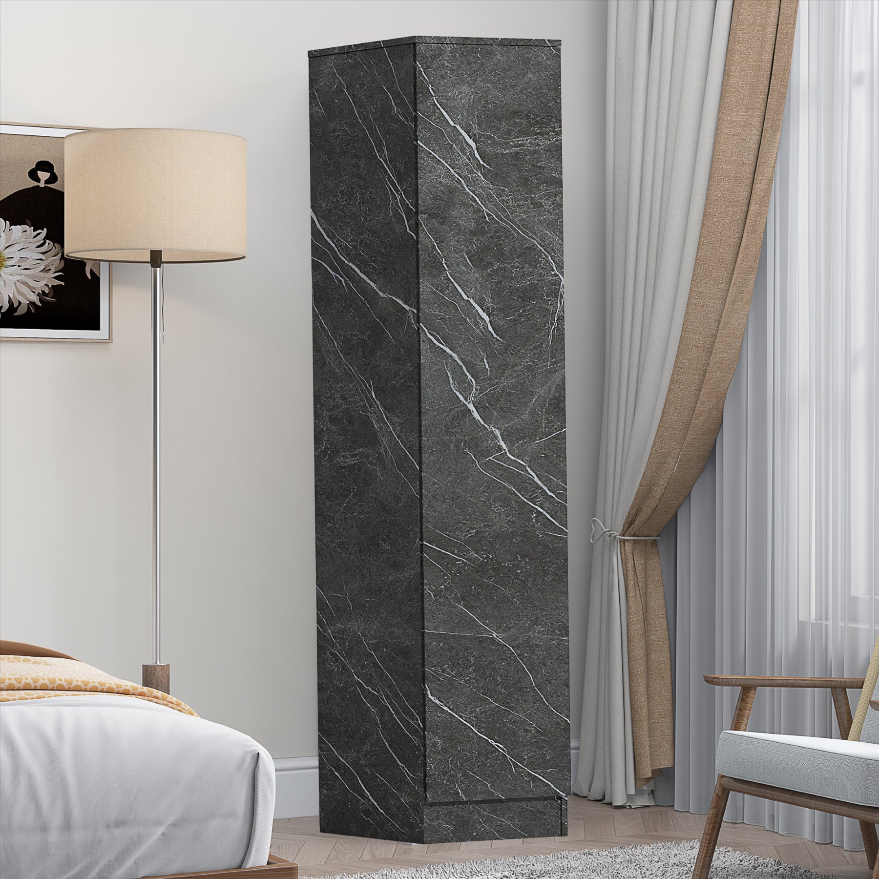ZITA Compact 1-Door Wardrobe in Grey Marble Effect - Bedroom Storage, (L) 50cm x (W) 37.5cm x (H) 180cm, Stylish and Space-Saving