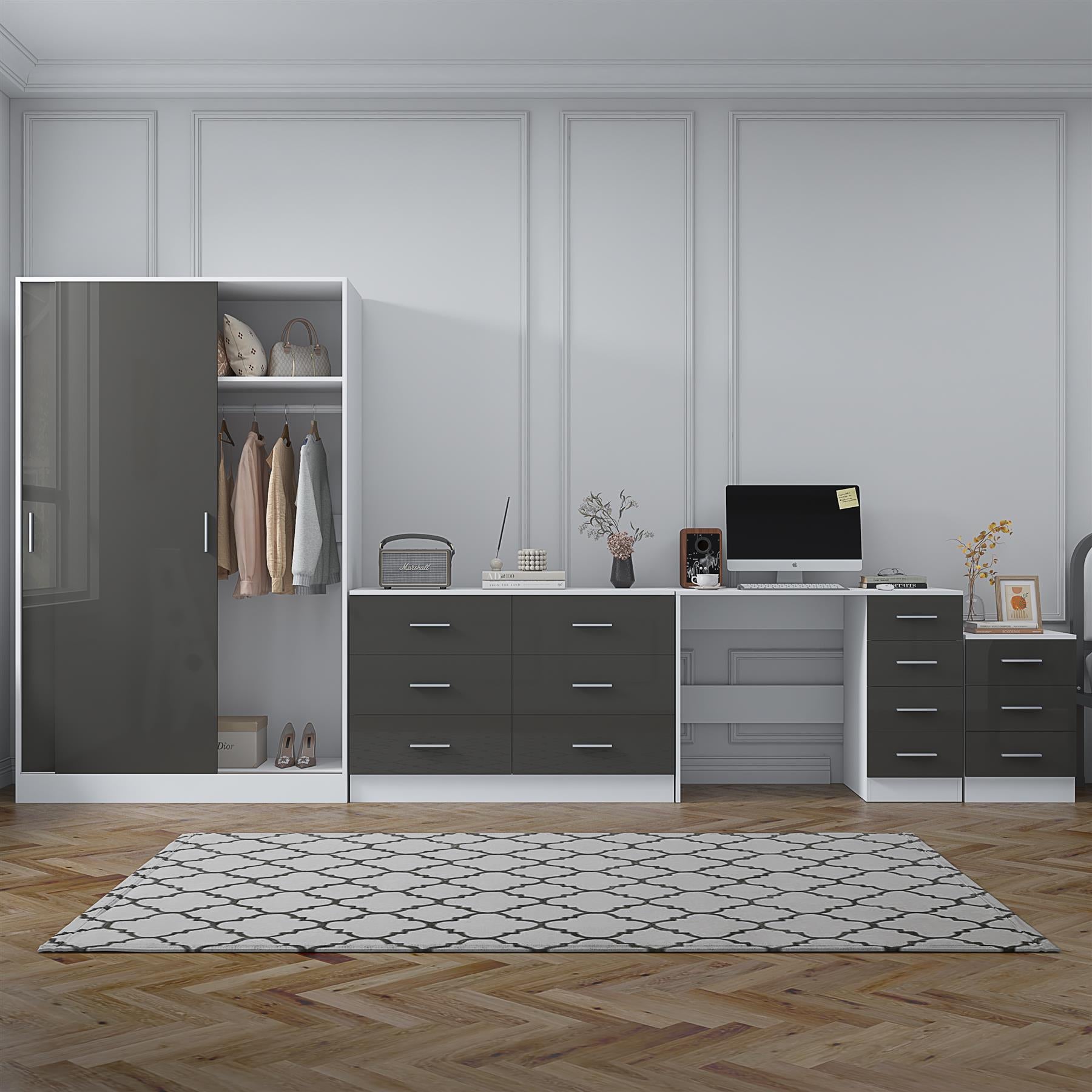 Reflect 2 Door Sliding Wardrobe, 6 Drawer Wide Chest, 3 Drawer Bedside, 4 Drawer Desk - Grey Gloss & Matt White - Modern Bedroom Furniture Set