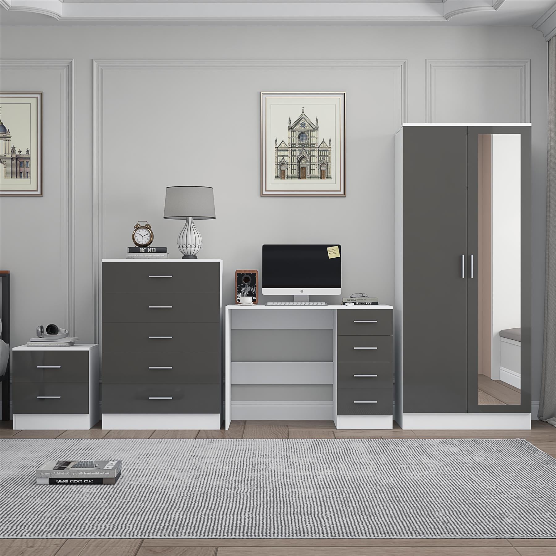Reflect 2 Door Mirror Wardrobe, 5 Drawer Chest, 2 Drawer Bedside & Desk - Grey Gloss & Matt White - Modern Bedroom Furniture Set