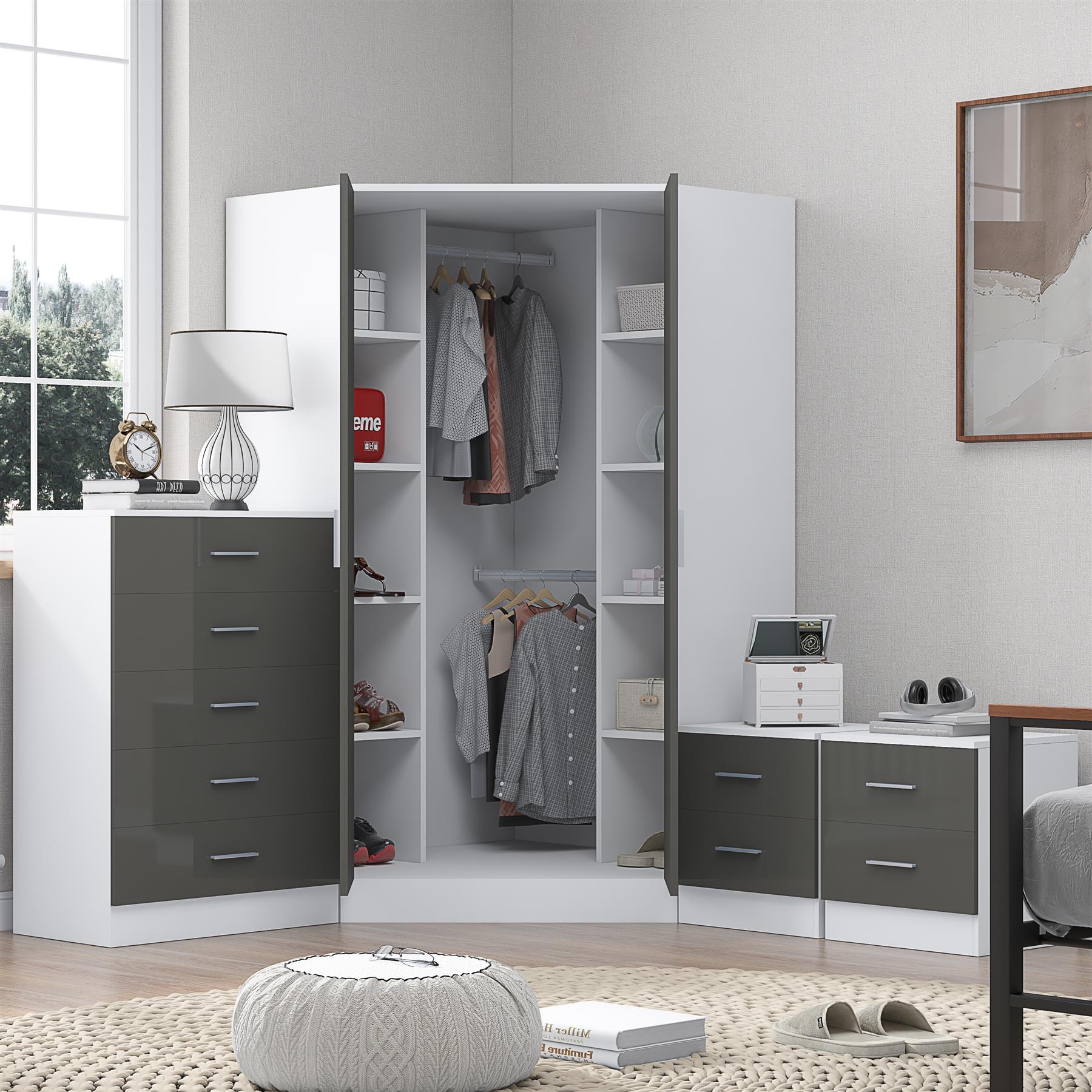 Reflect 2 Door Corner Wardrobe, 5 Drawer Chest, 2x 2 Drawer Bedsides - Grey Gloss & Matt White - Bedroom Furniture Set