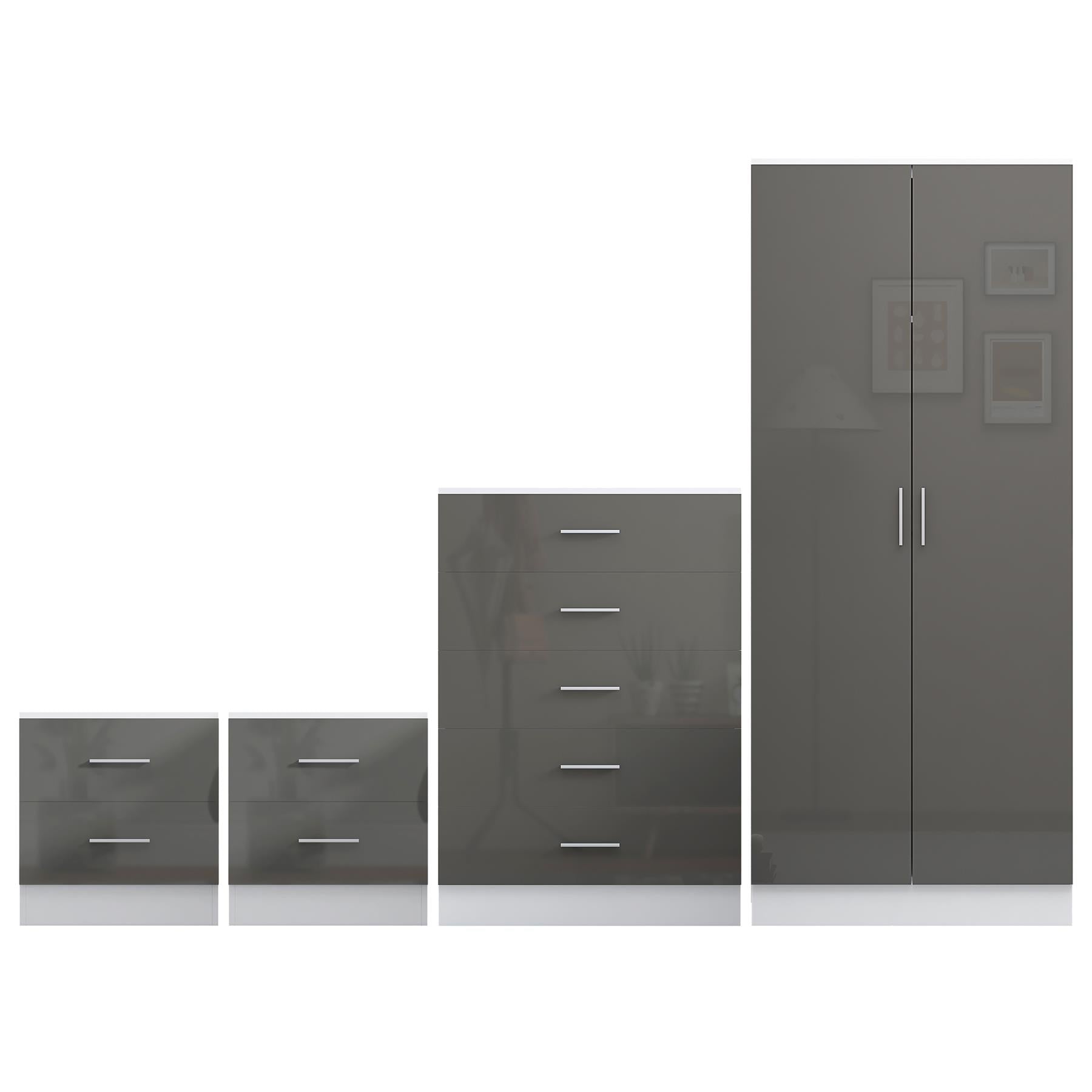 Reflect 2 Door Plain Wardrobe, 5 Drawer Chest, 2x 2 Drawer Bedsides - Grey Gloss & Matt White - Modern Bedroom Furniture Set