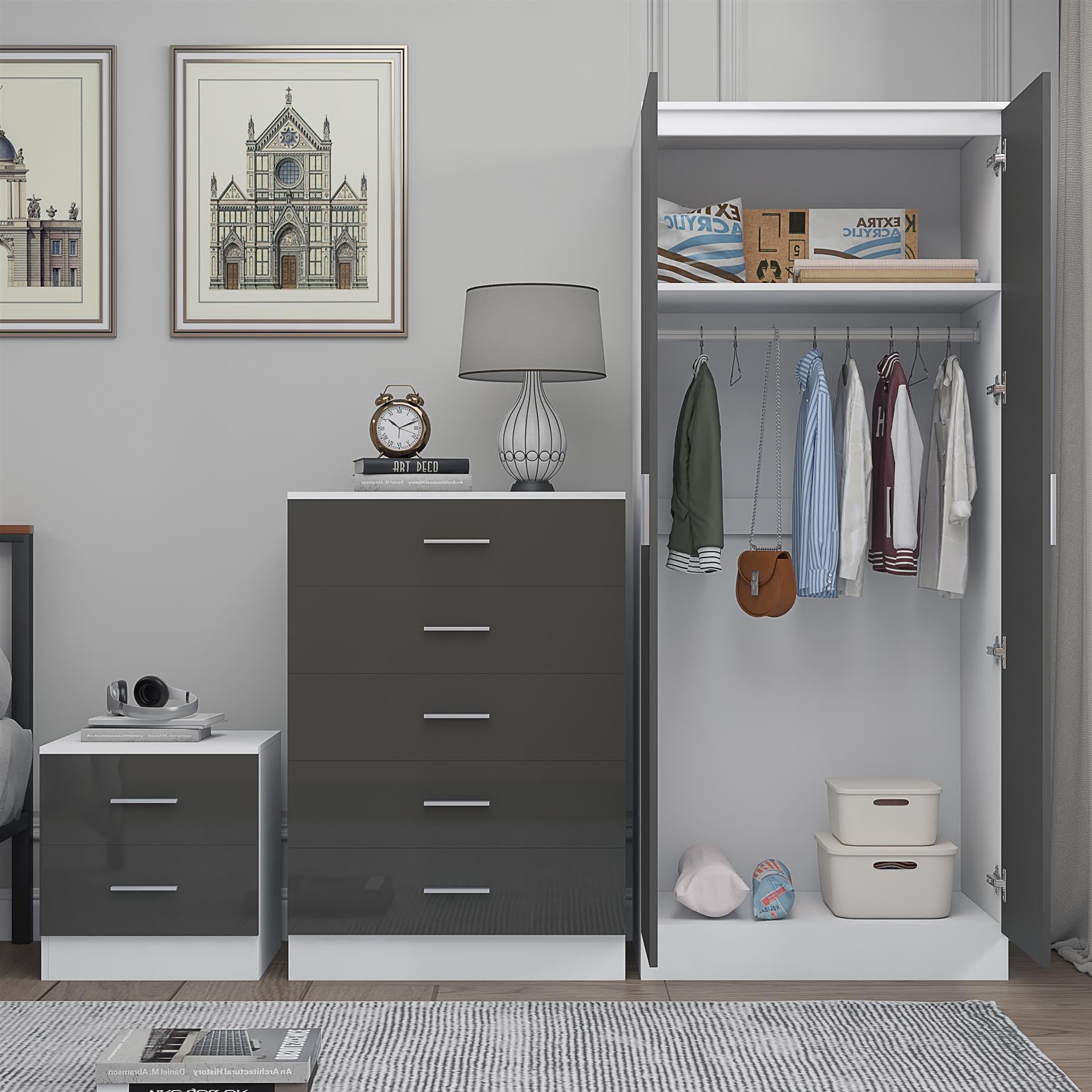 Reflect 2 Door Mirror Wardrobe, 5 Drawer Chest, 2 Drawer Bedside - Grey Gloss & Matt White - Modern Bedroom Furniture Set